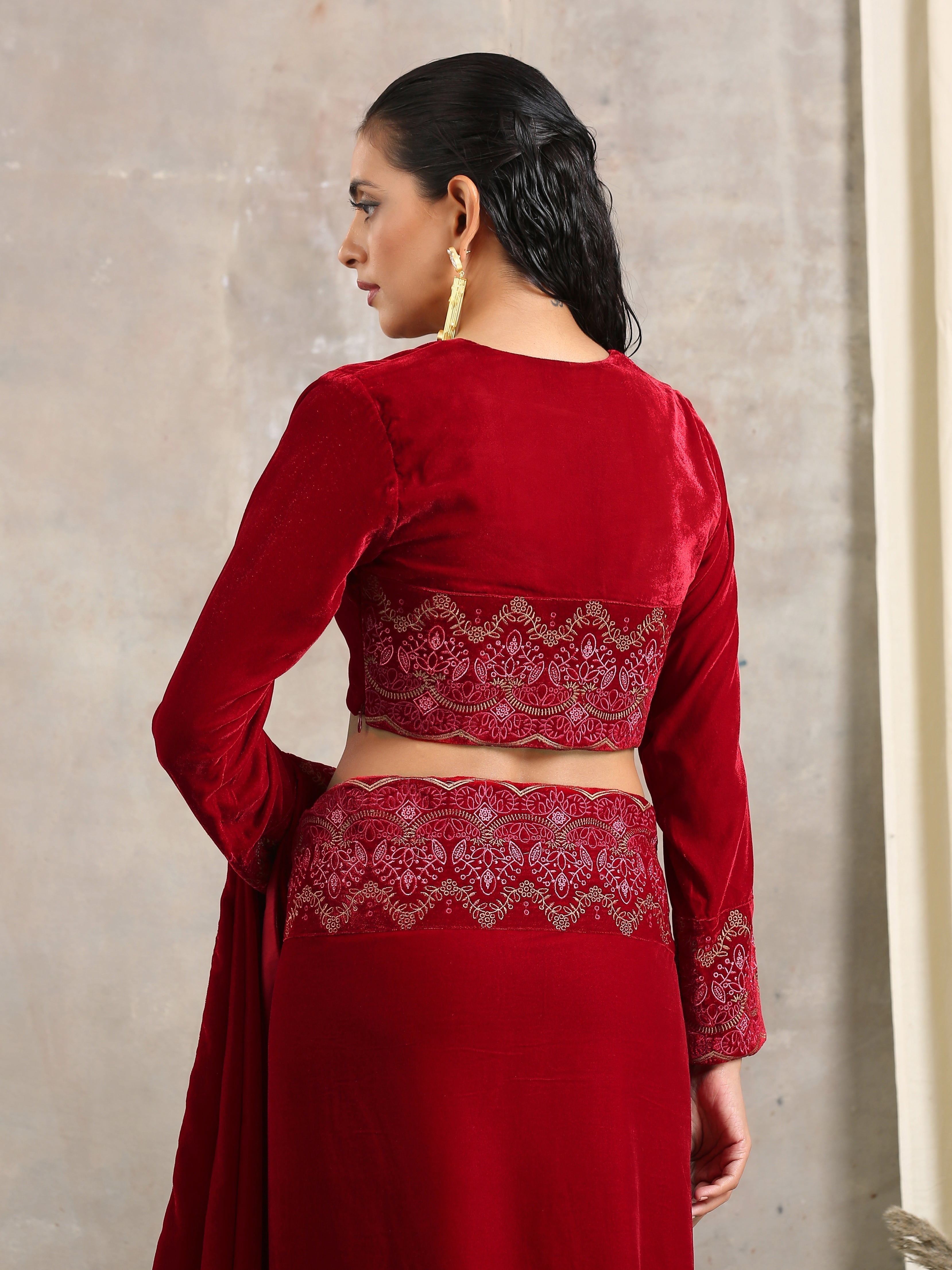 Red Velvet Embroidered Blouse