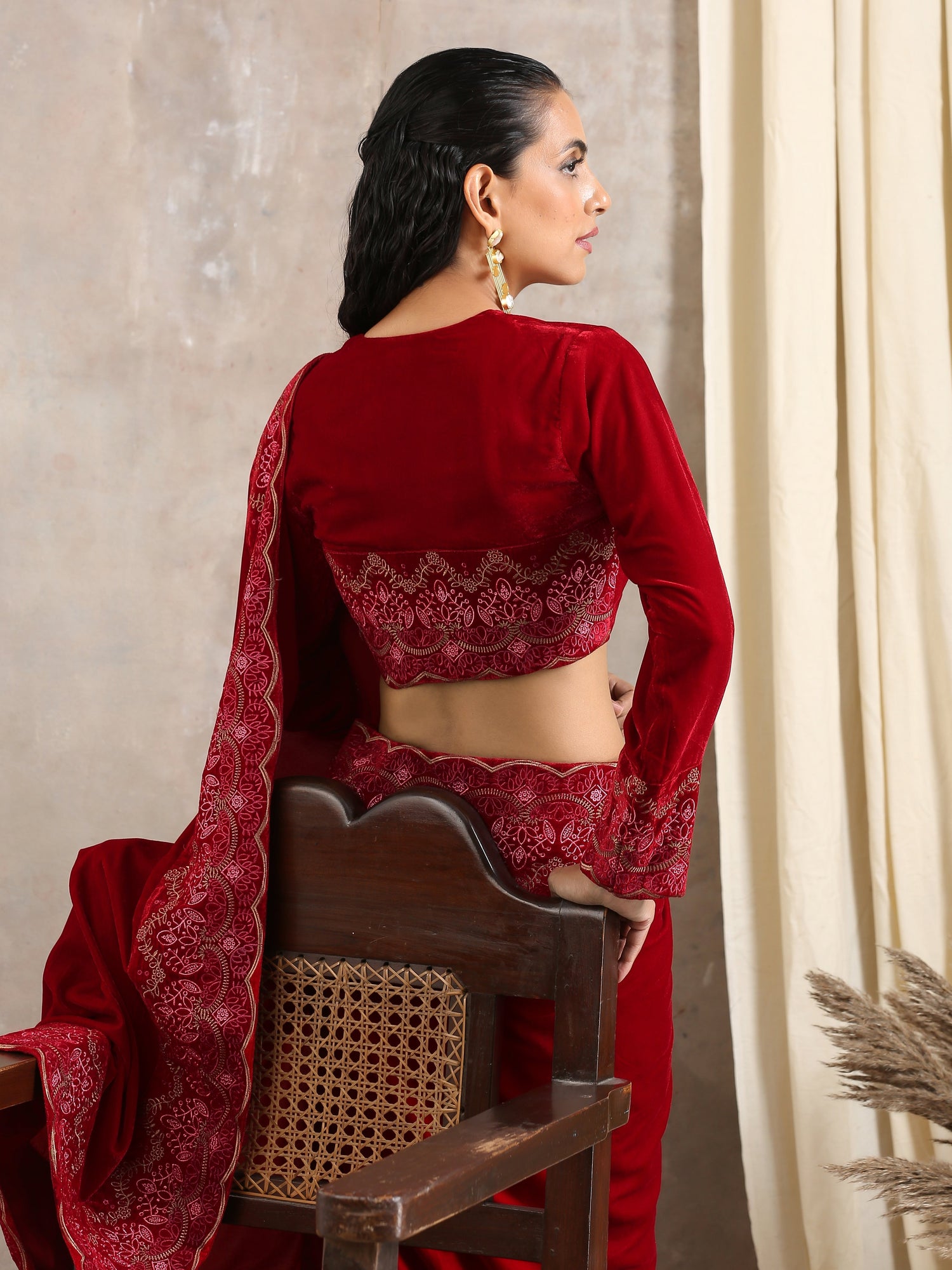 Red Velvet Embroidered Blouse