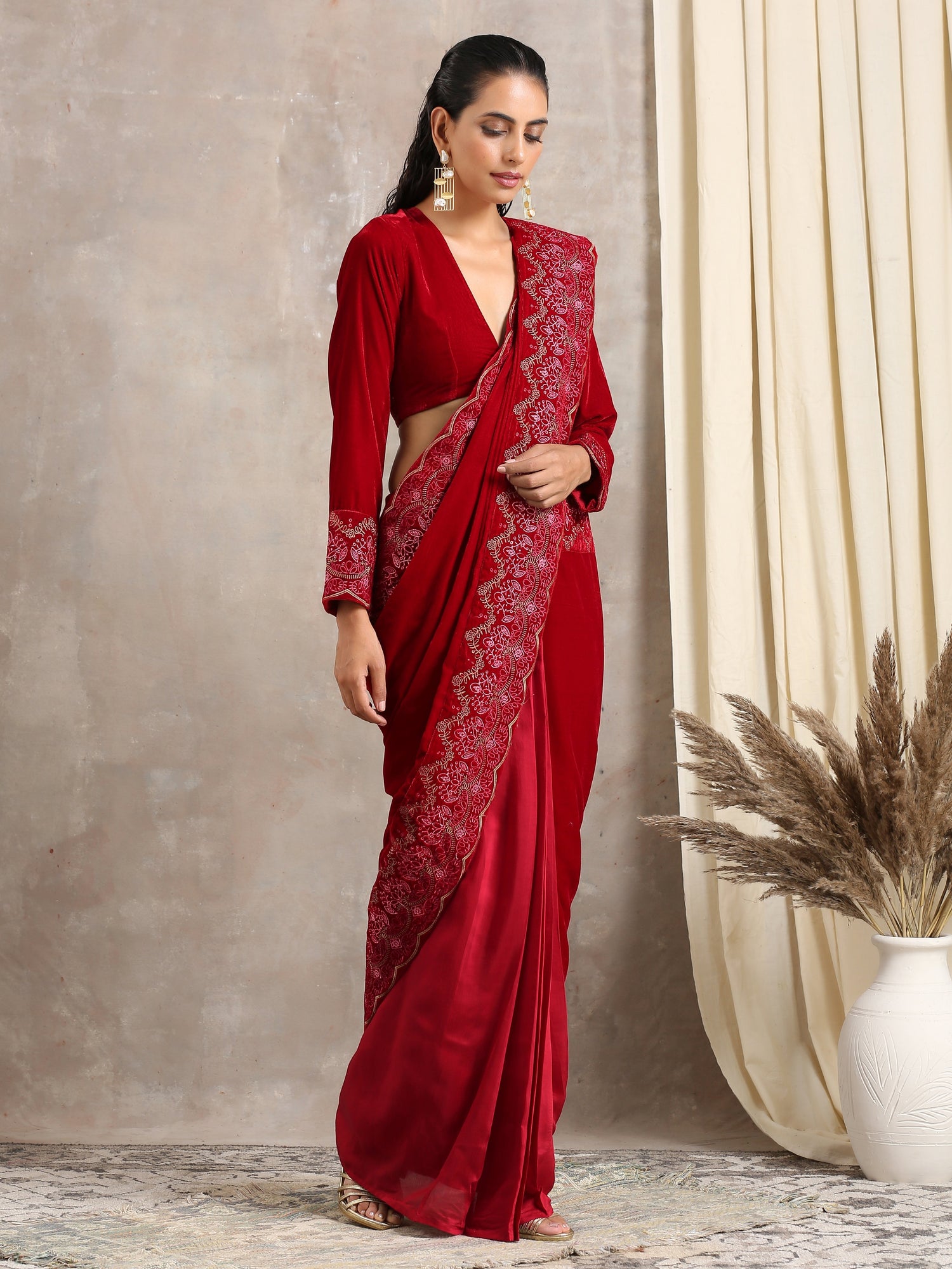 Red Velvet Embroidered Blouse