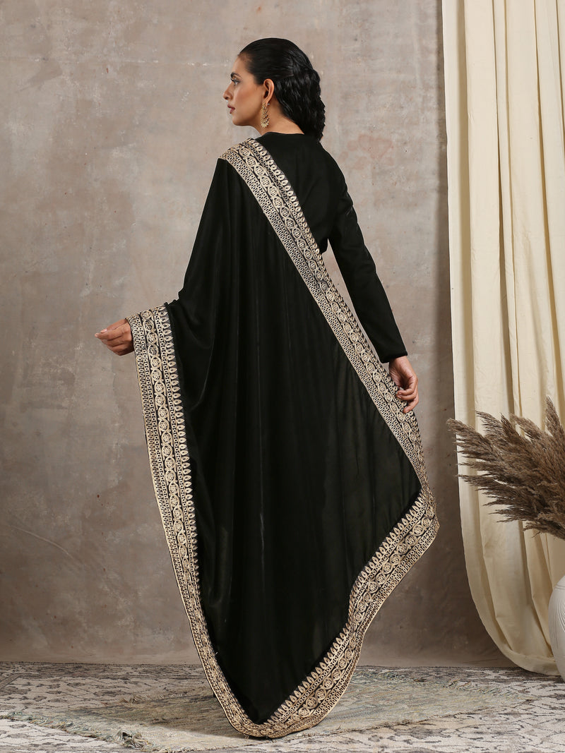 Black Velvet Silk Embroidered Lace Ready Pleated Saree
