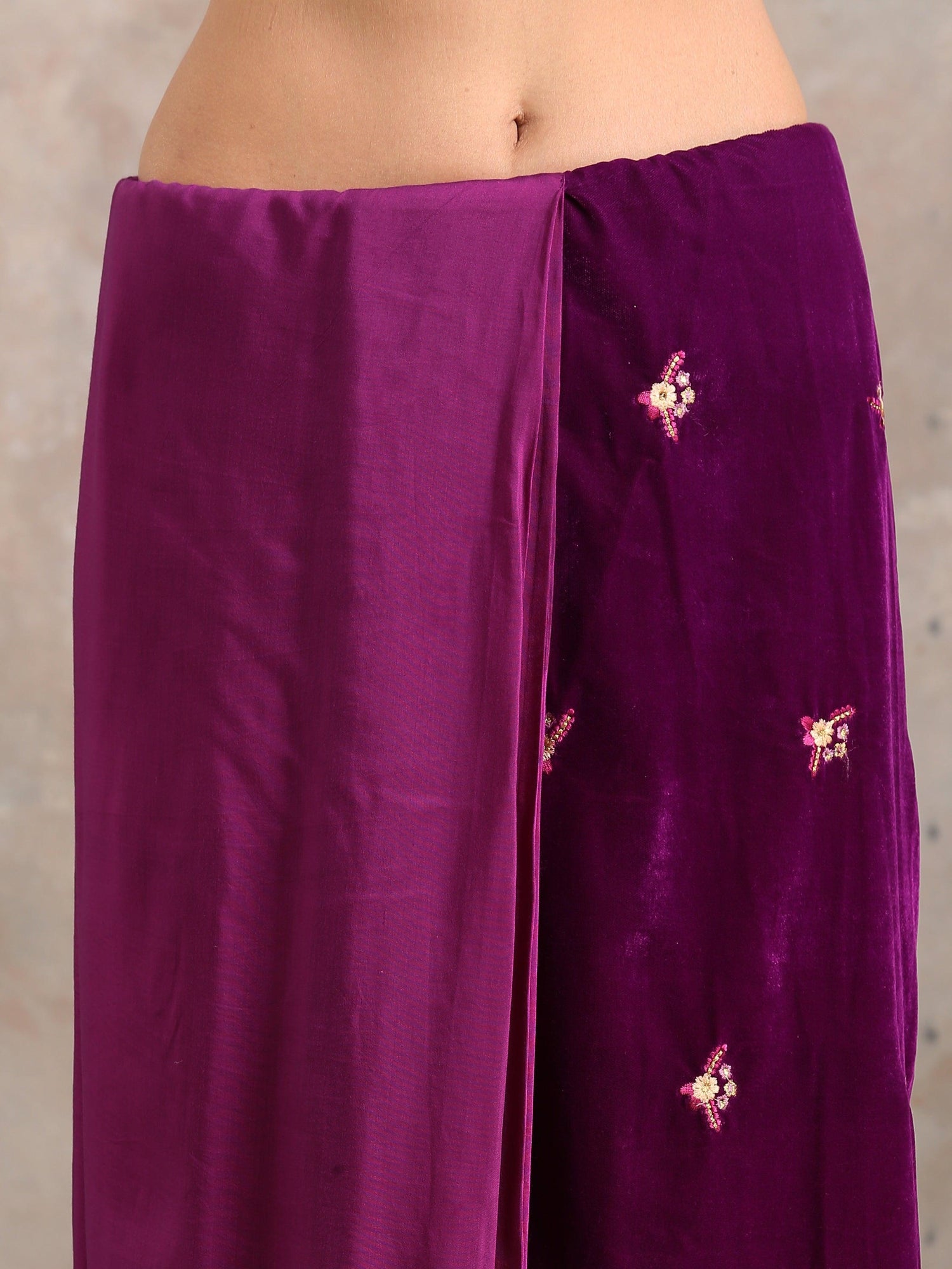 Wine Velvet Silk Embroidered Ready To Wear Saree