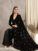 Black Velvet Silk Embroidered Ready Pleated Saree