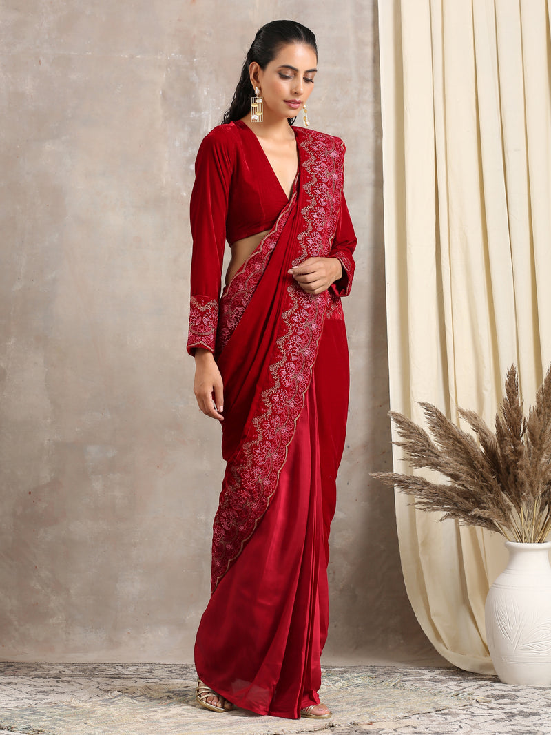 Red Velvet Silk Embroidered Ready To Wear Saree