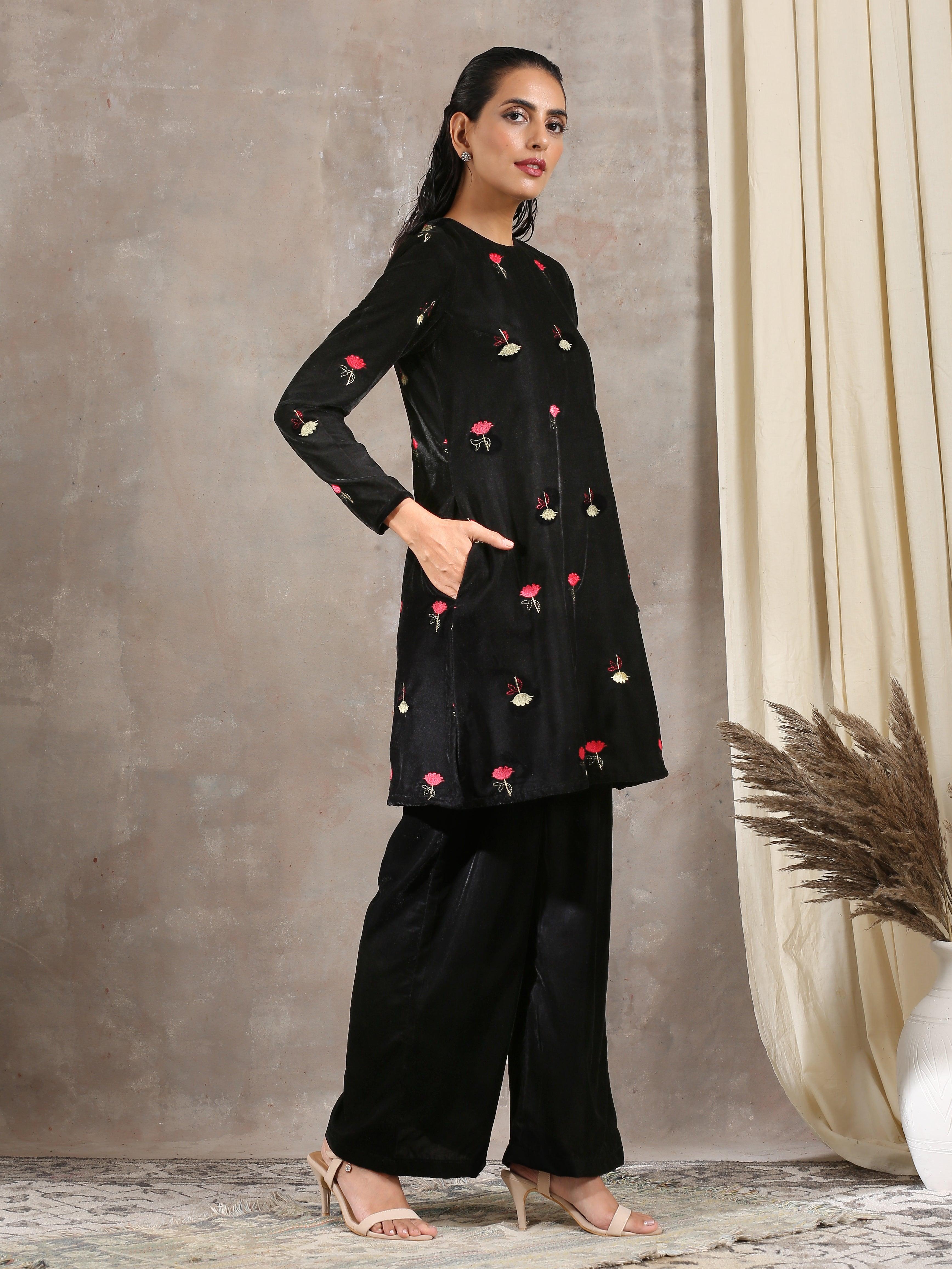 Black Velvet Embroidered Short Kurta - trueBrowns