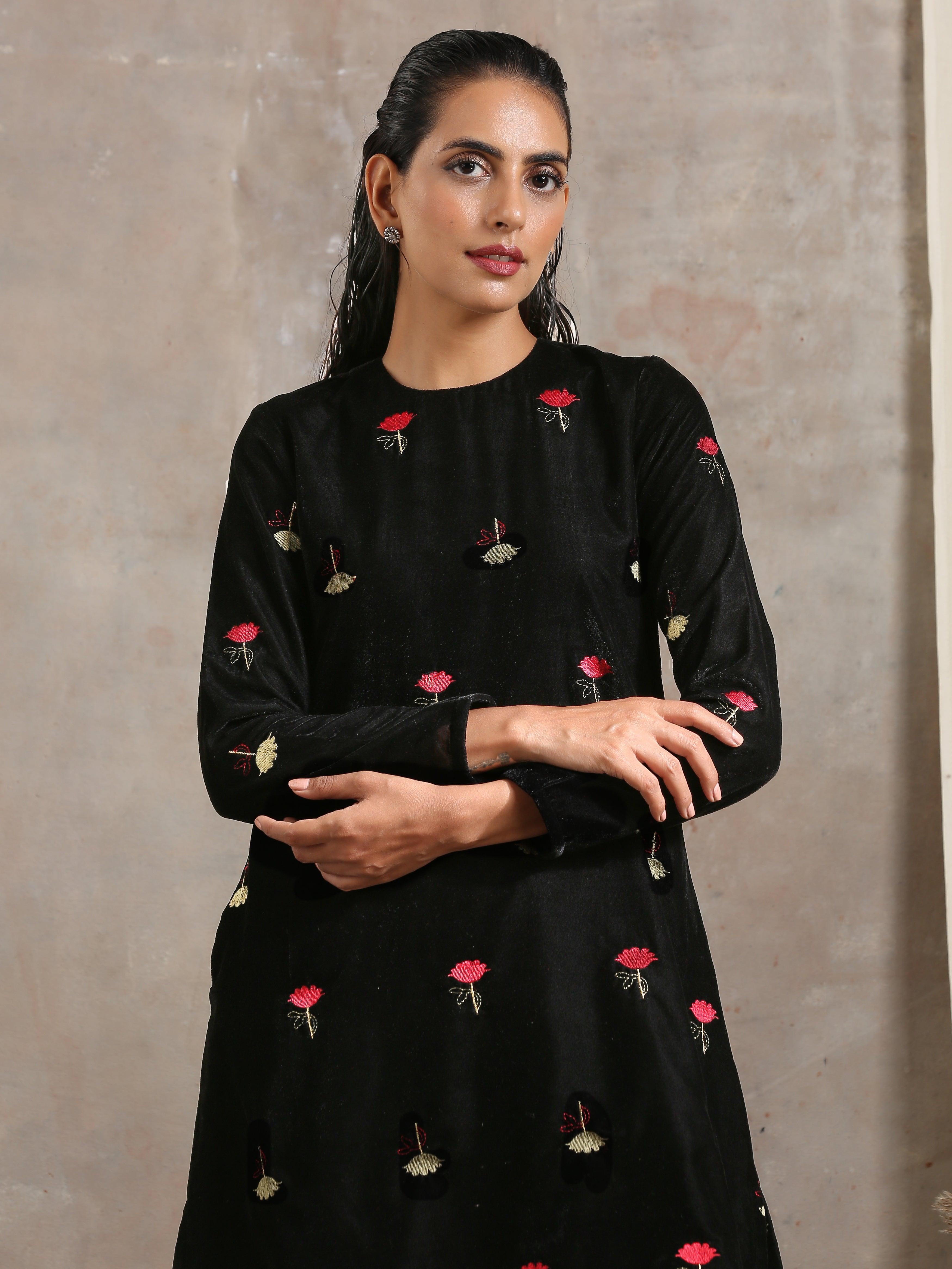Black Velvet Embroidered Short Kurta - trueBrowns