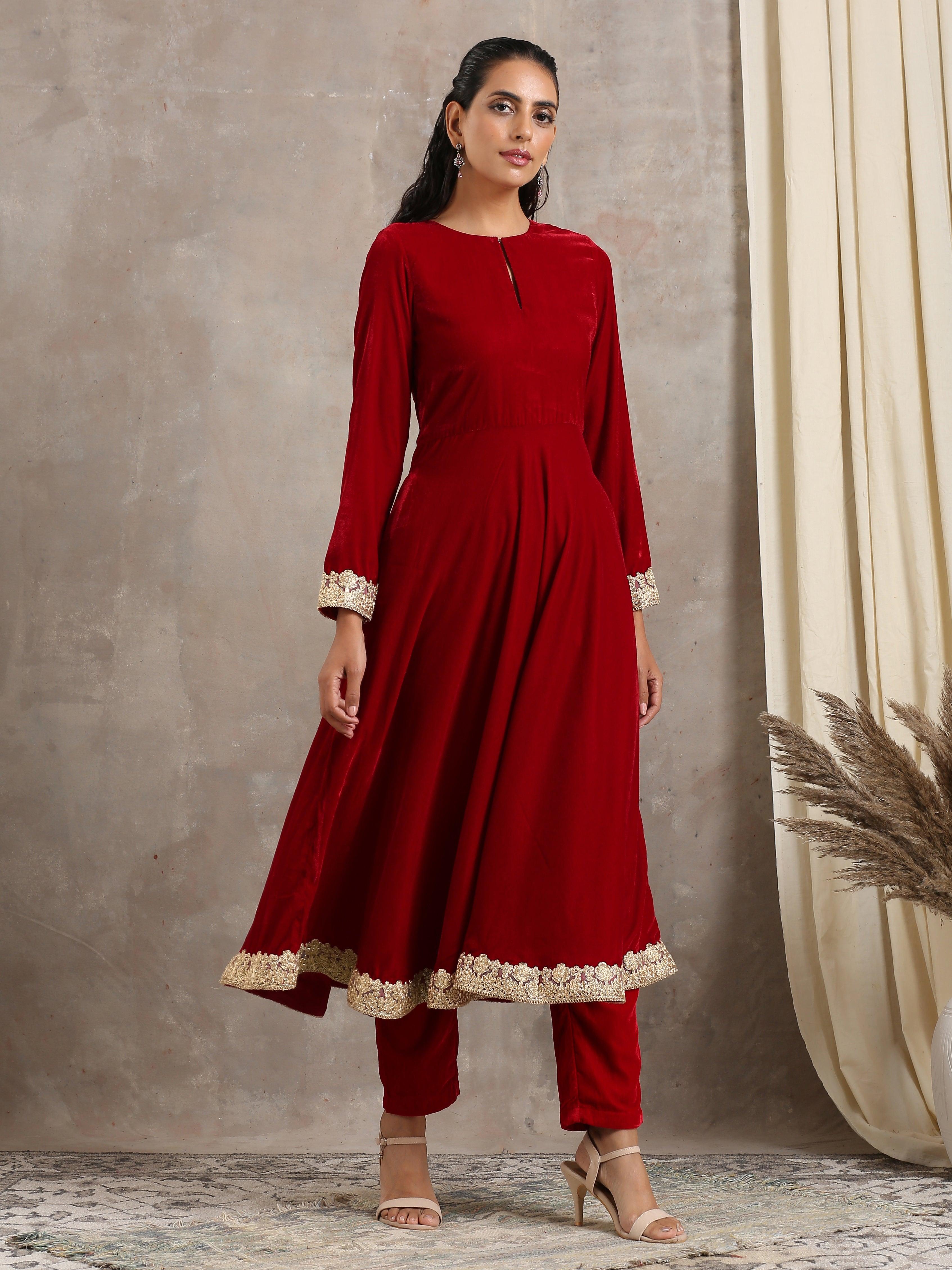 Red Velvet Flared Lace Kurta - trueBrowns