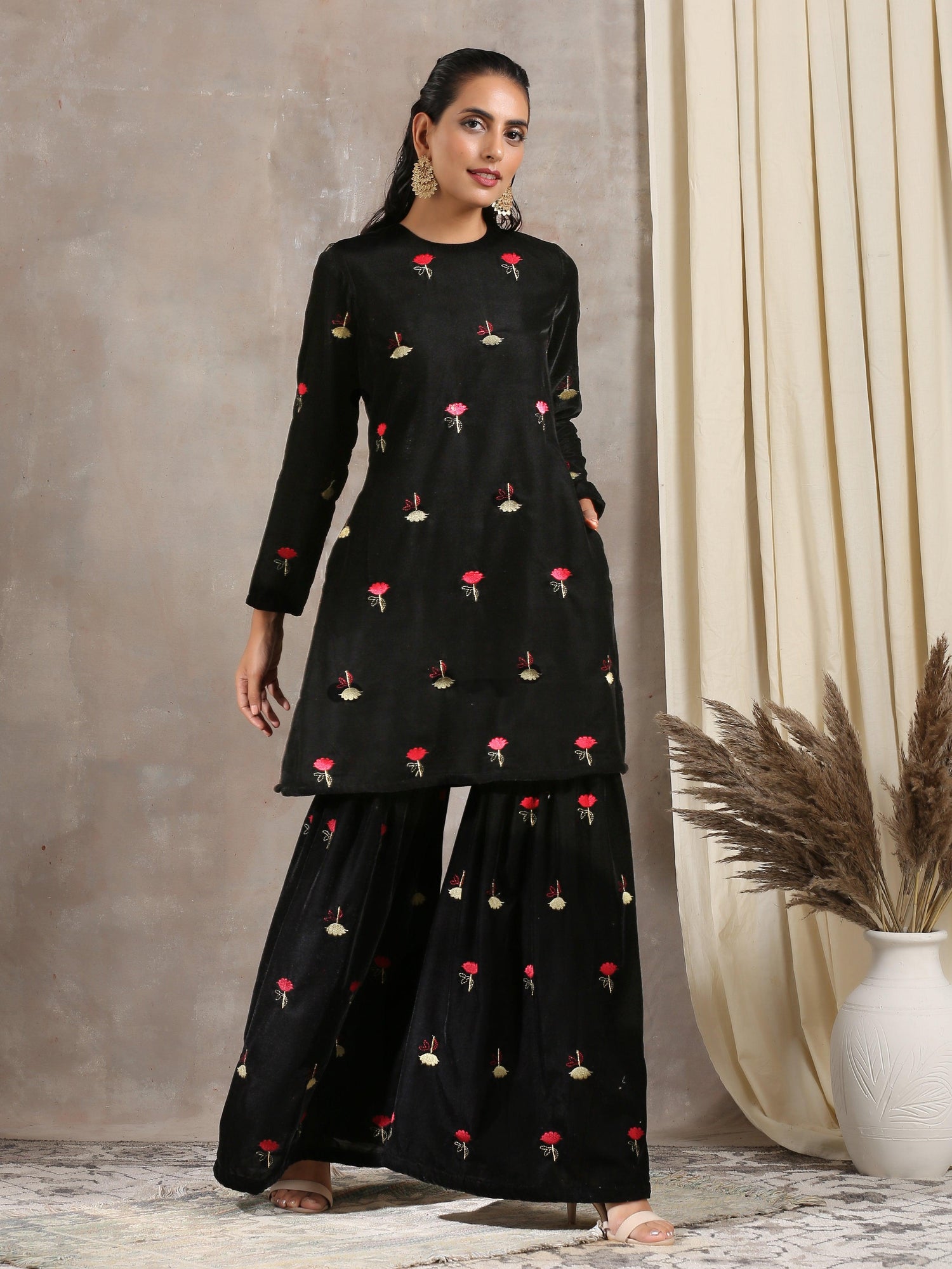 Black Velvet Embroidered Kurta Sharara Set - trueBrowns