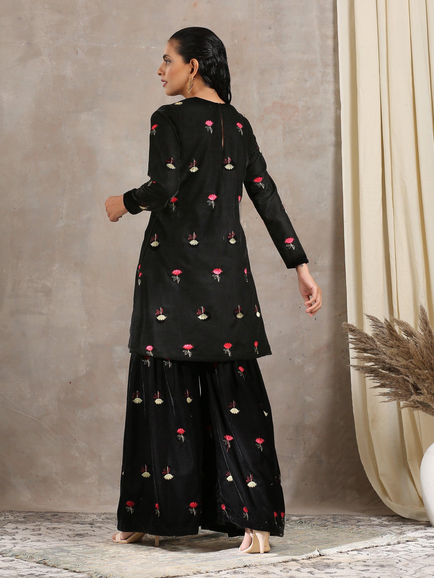 Black Velvet Embroidered Kurta Sharara Set - trueBrowns