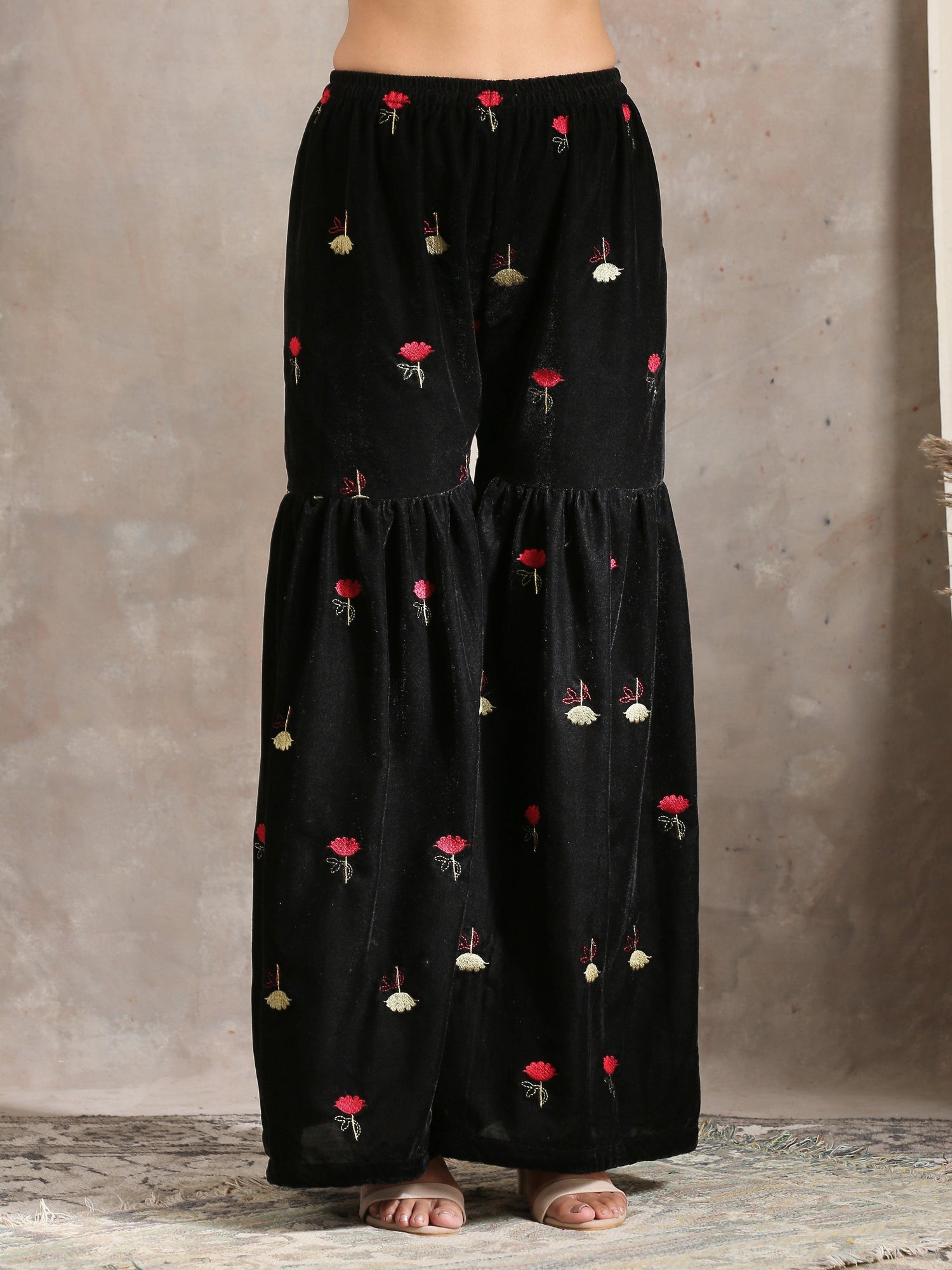 Black Velvet Embroidered Kurta Sharara Set - trueBrowns