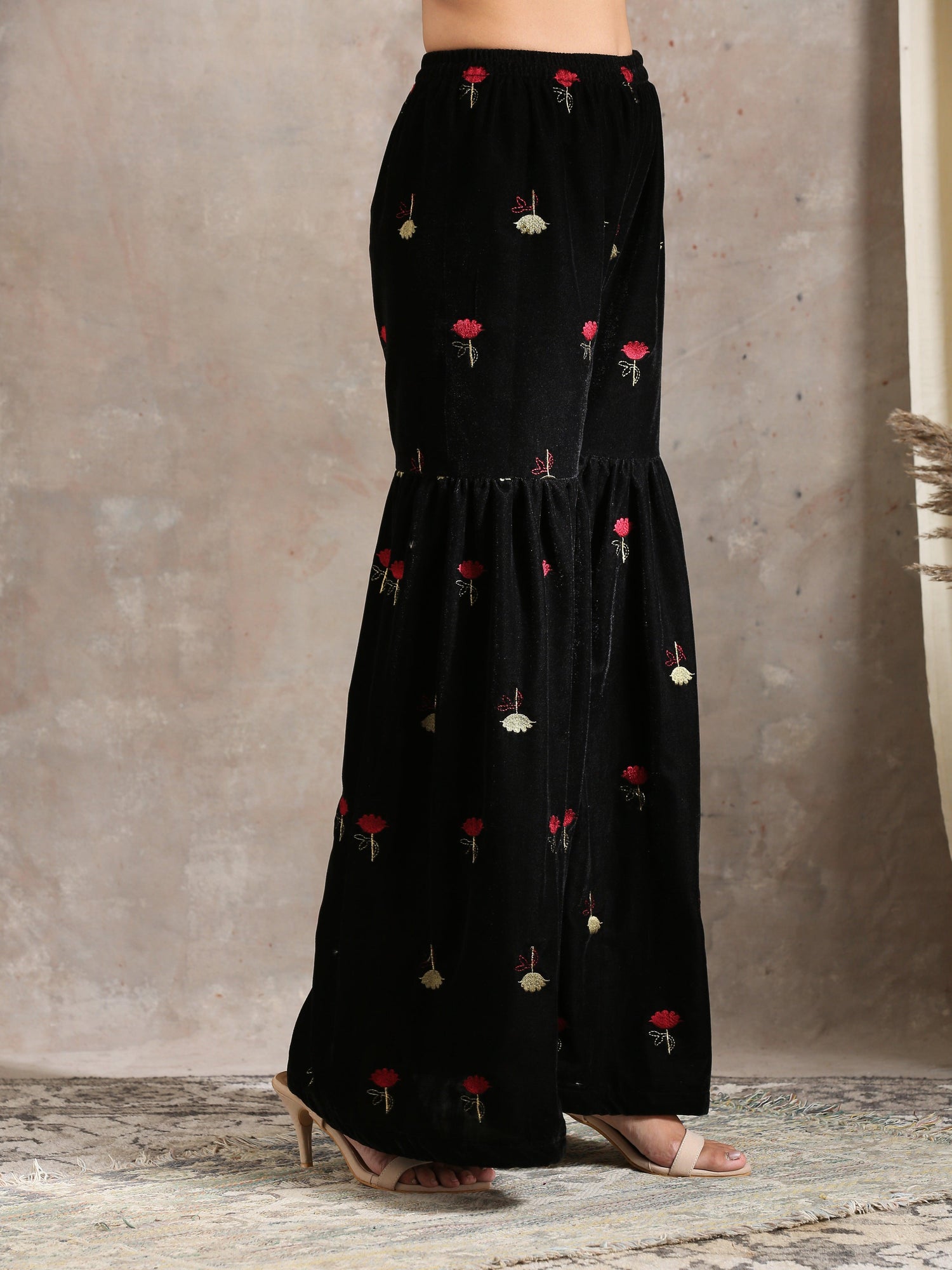 Black Velvet Embroidered Kurta Sharara Set - trueBrowns
