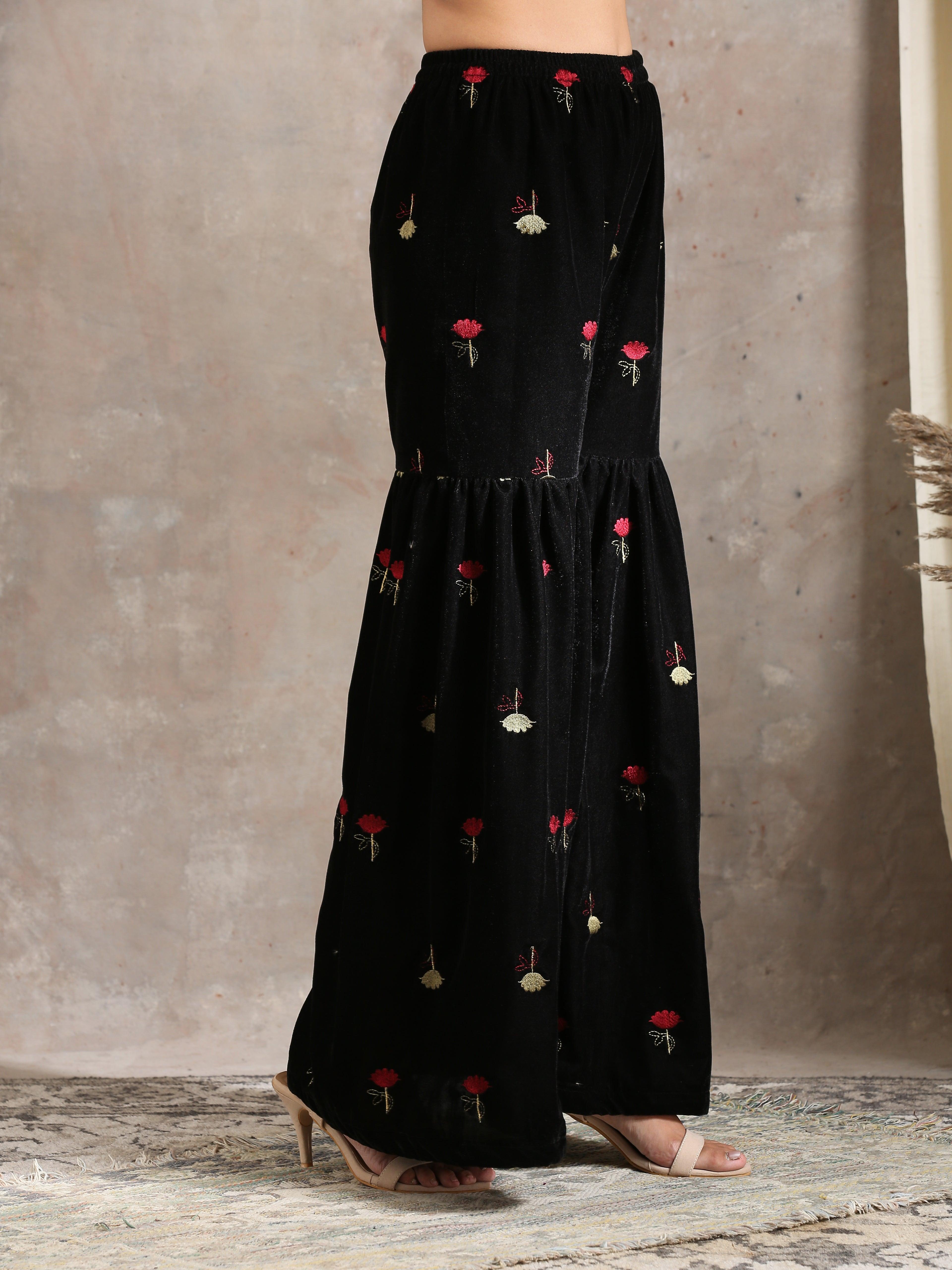 Black Velvet Embroidered Kurta Sharara Set - trueBrowns