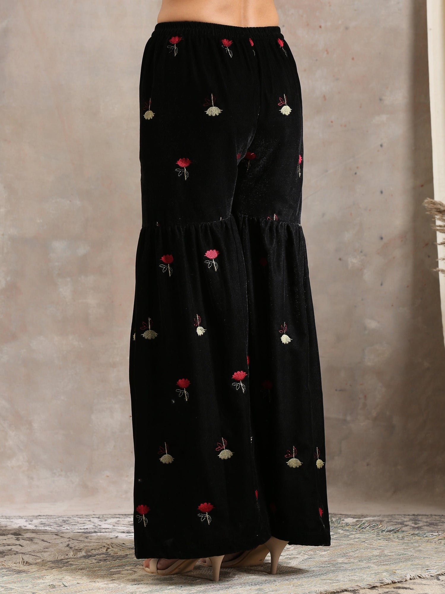 Black Velvet Embroidered Kurta Sharara Set - trueBrowns