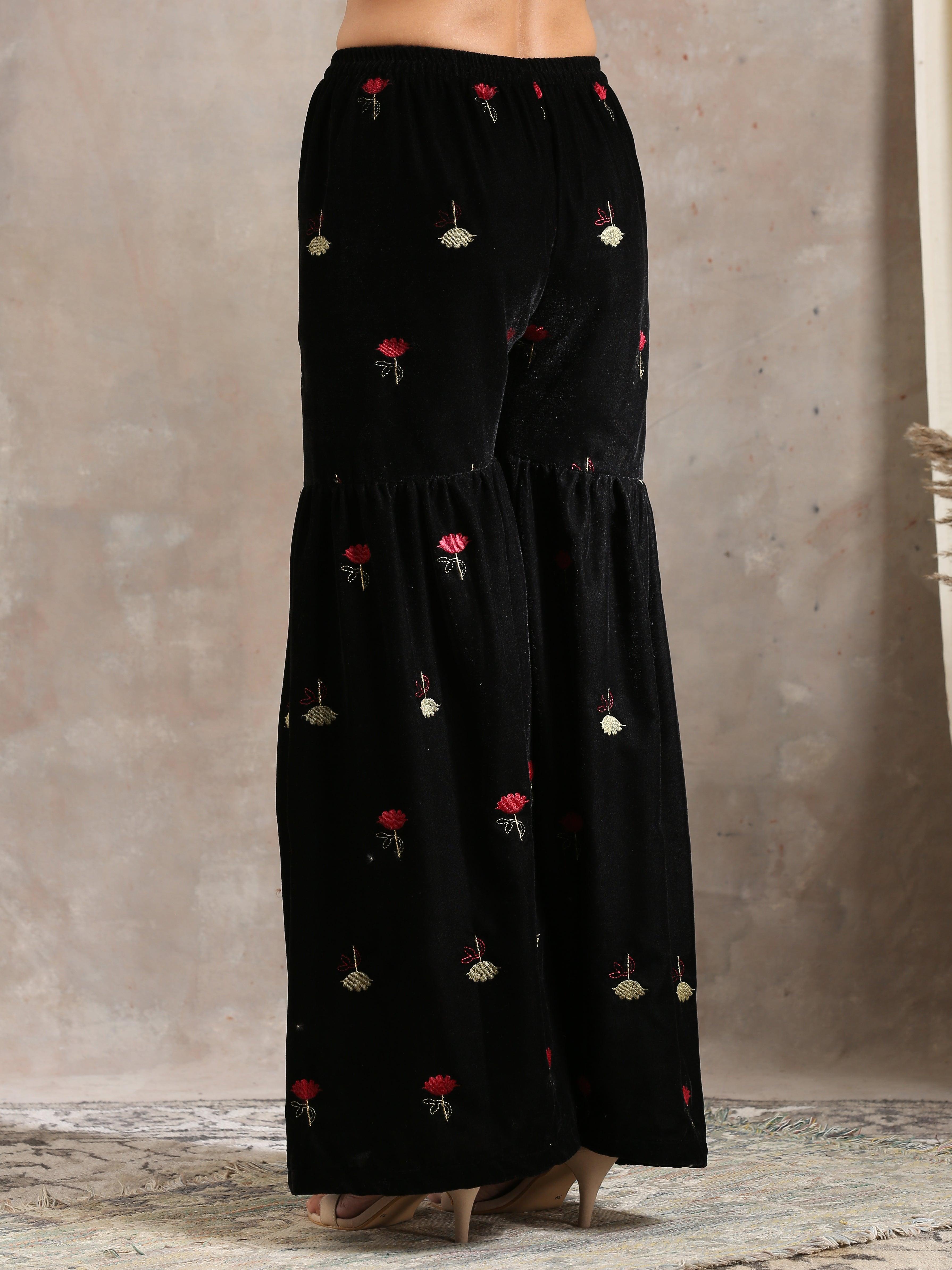 Black Velvet Embroidered Kurta Sharara Set - trueBrowns