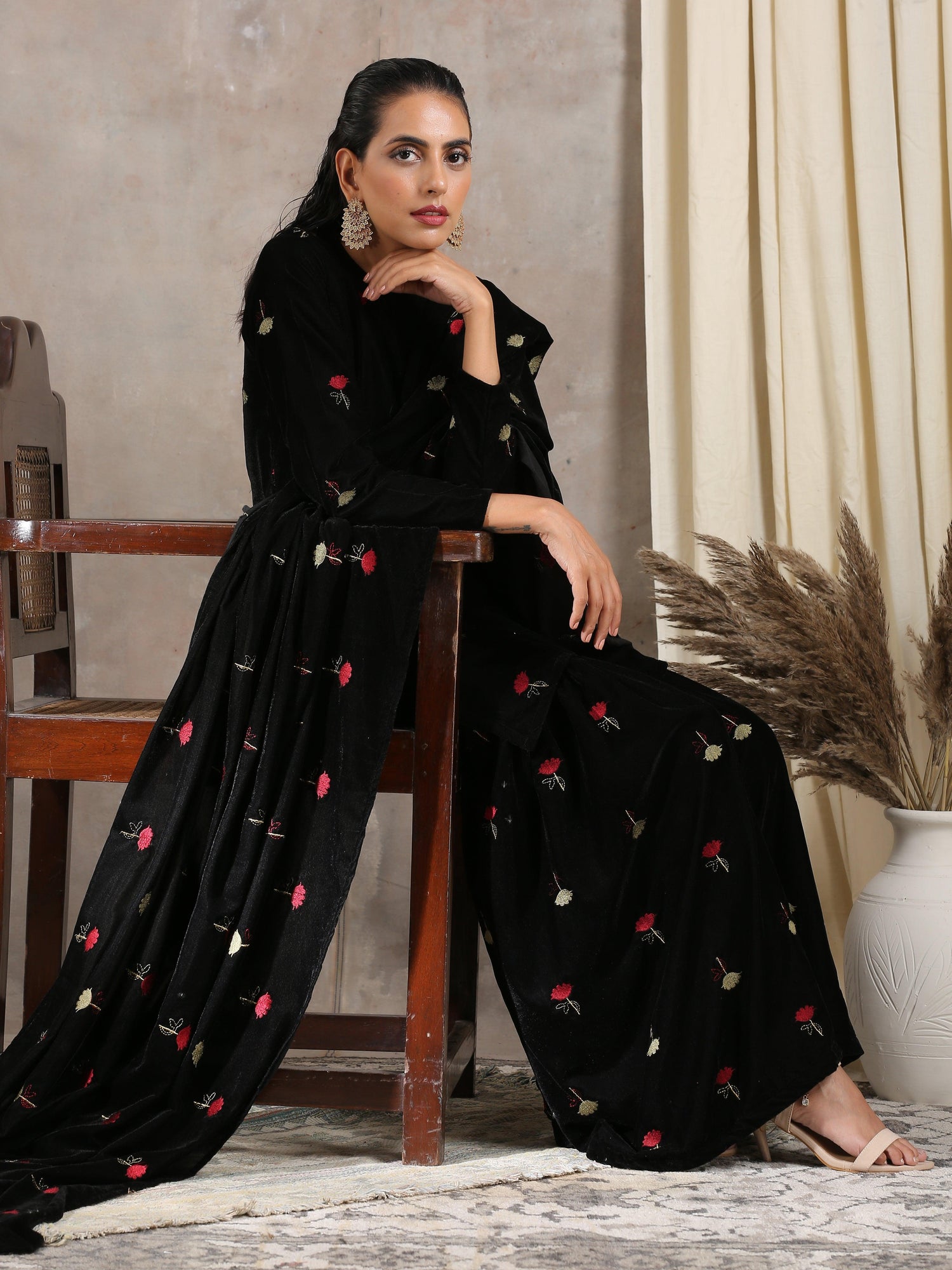 Black Velvet Embroidered Kurta Sharara Set - trueBrowns