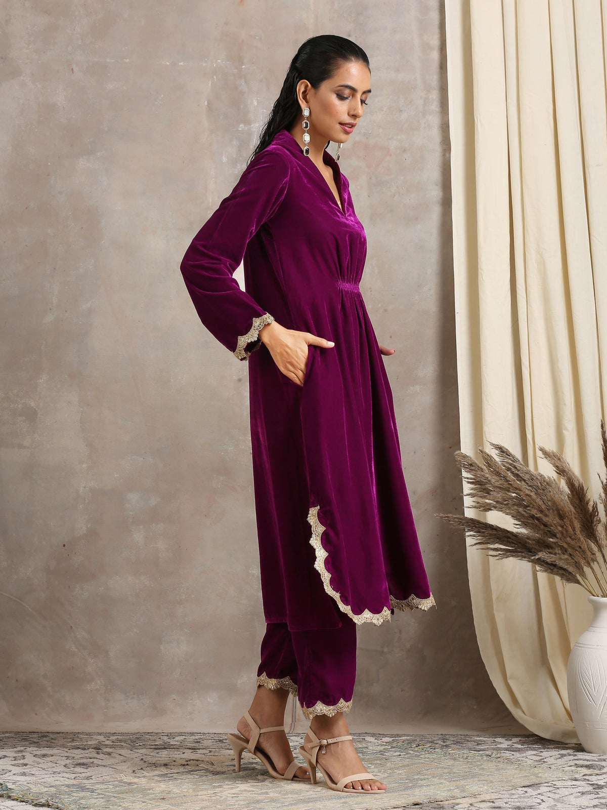 Wine Velvet Lace Kurta Pant Set | Relove