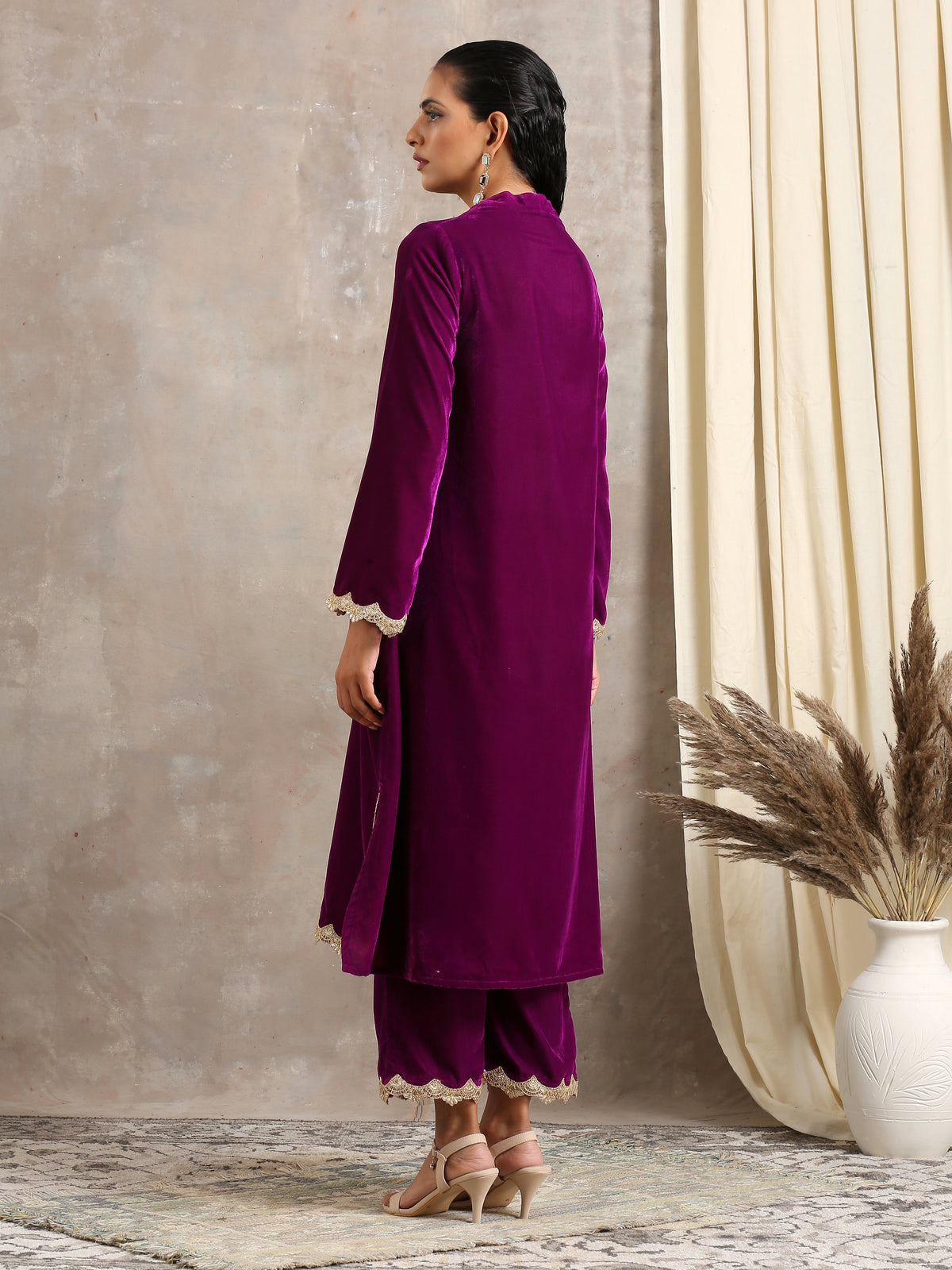 Wine Velvet Lace Kurta Pant Set | Relove