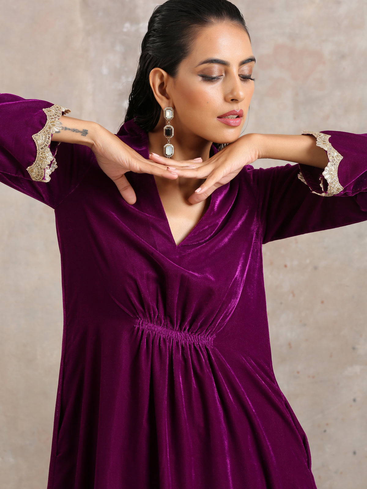 Wine Velvet Lace Kurta Pant Set | Relove