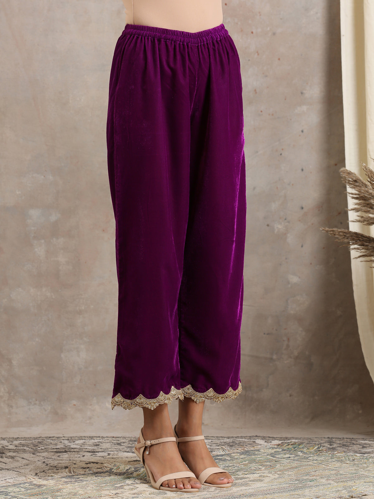 Wine Velvet Lace Kurta Pant Set | Relove