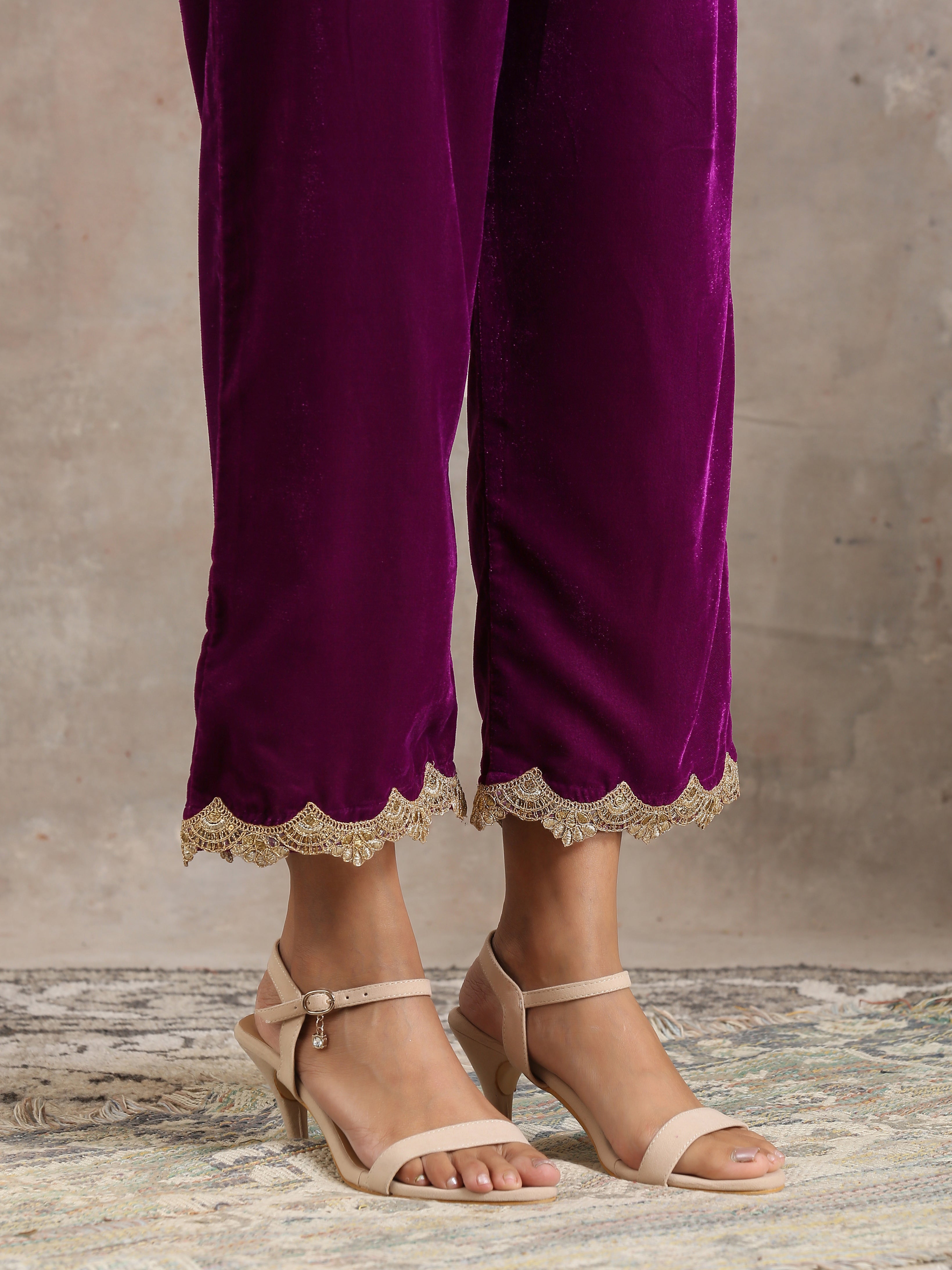 Wine Velvet Lace Kurta Pant Set | Relove