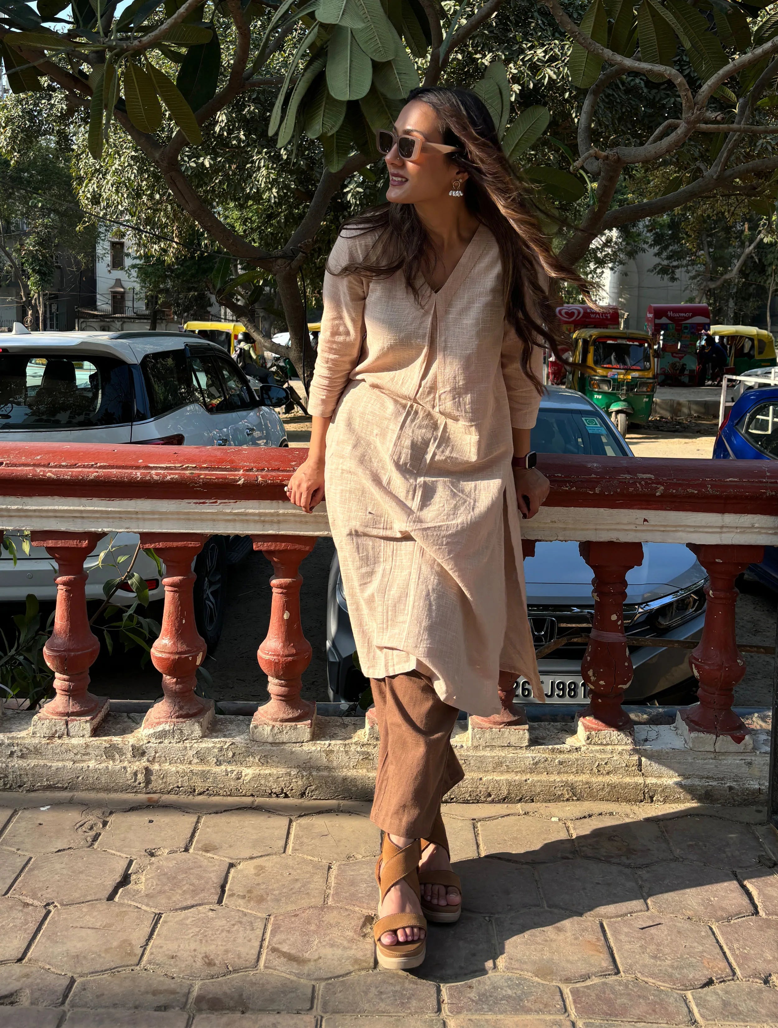 Linen Beige Textured Slit Kurta Pant Set