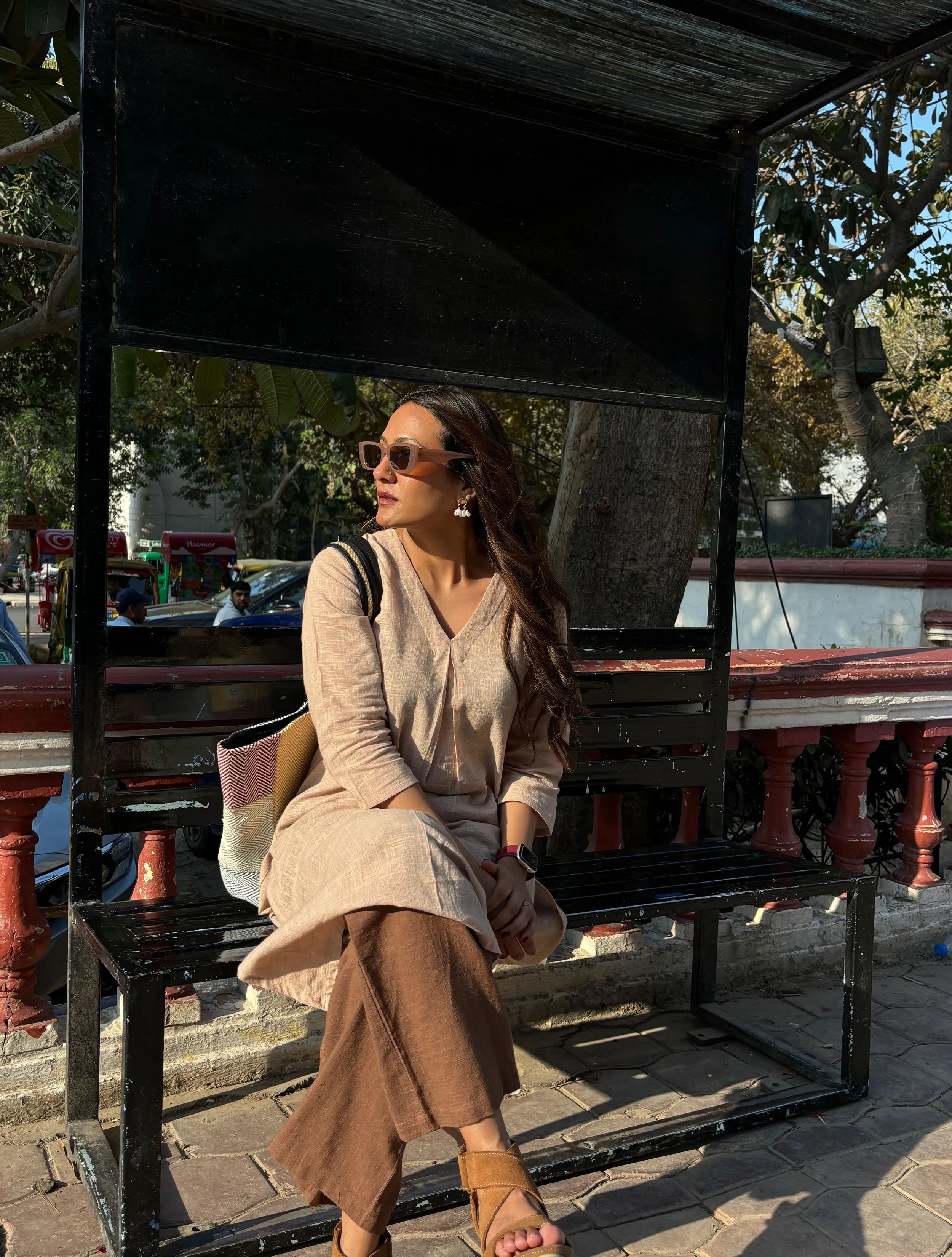 Linen Beige Textured Slit Kurta Pant Set