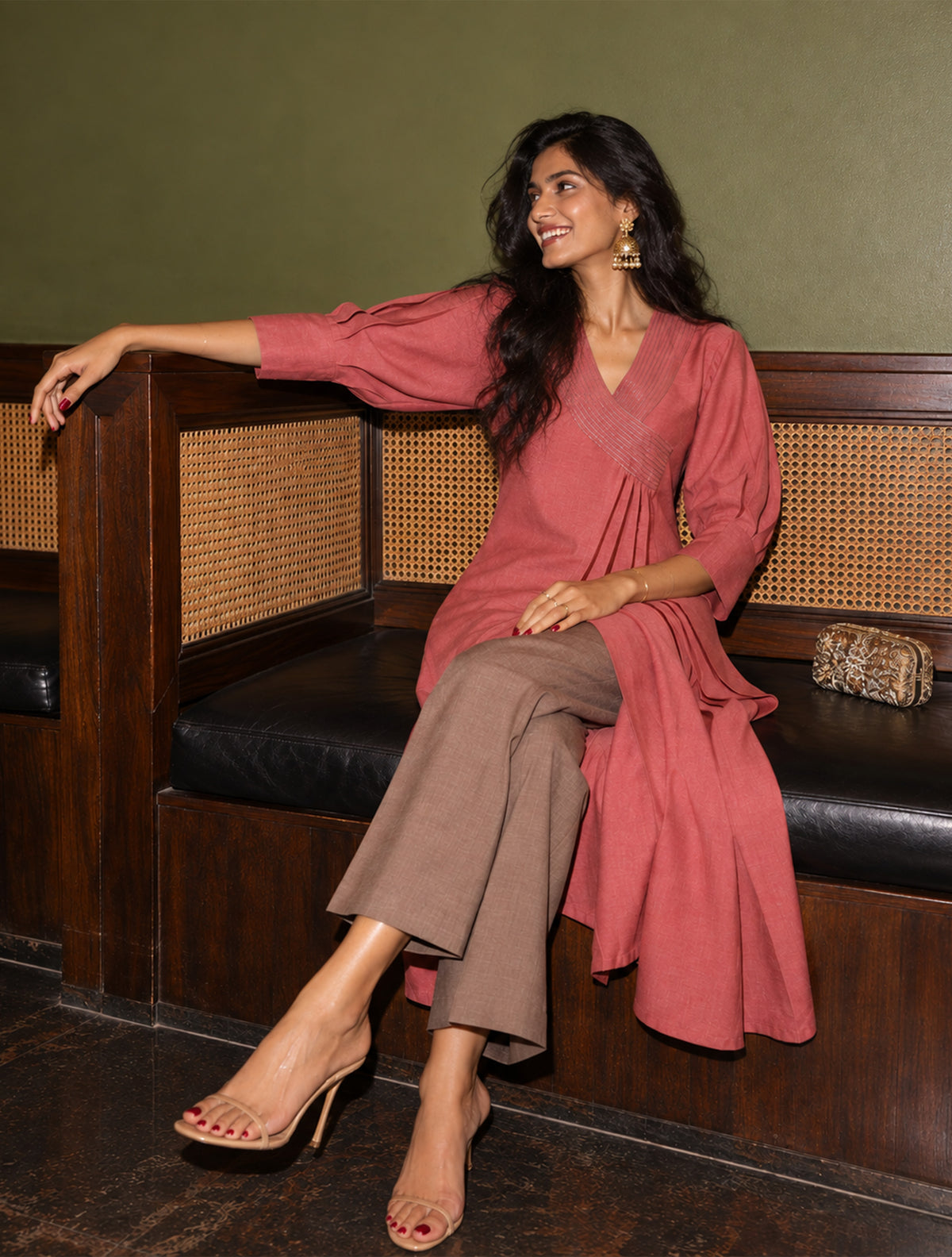Cotton Linen Rust Red Kurta Pant Set