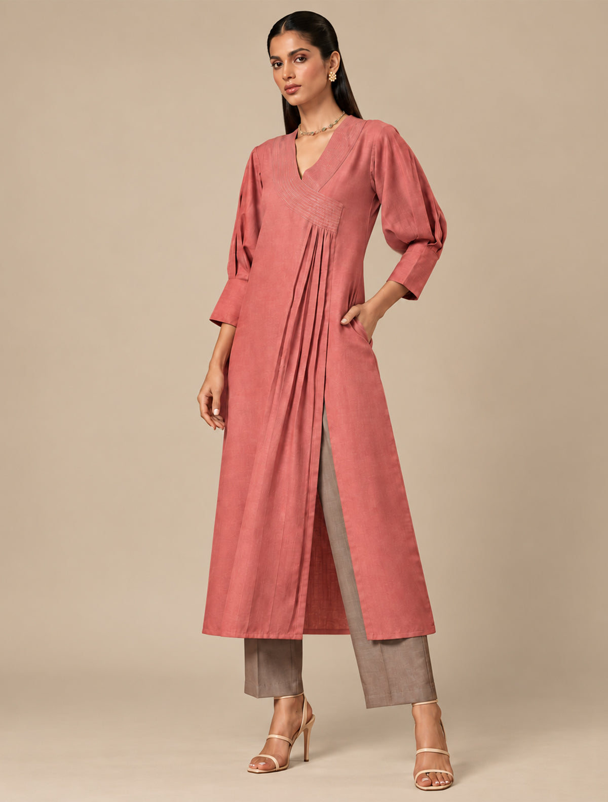 Cotton Linen Rust Red Kurta Pant Set