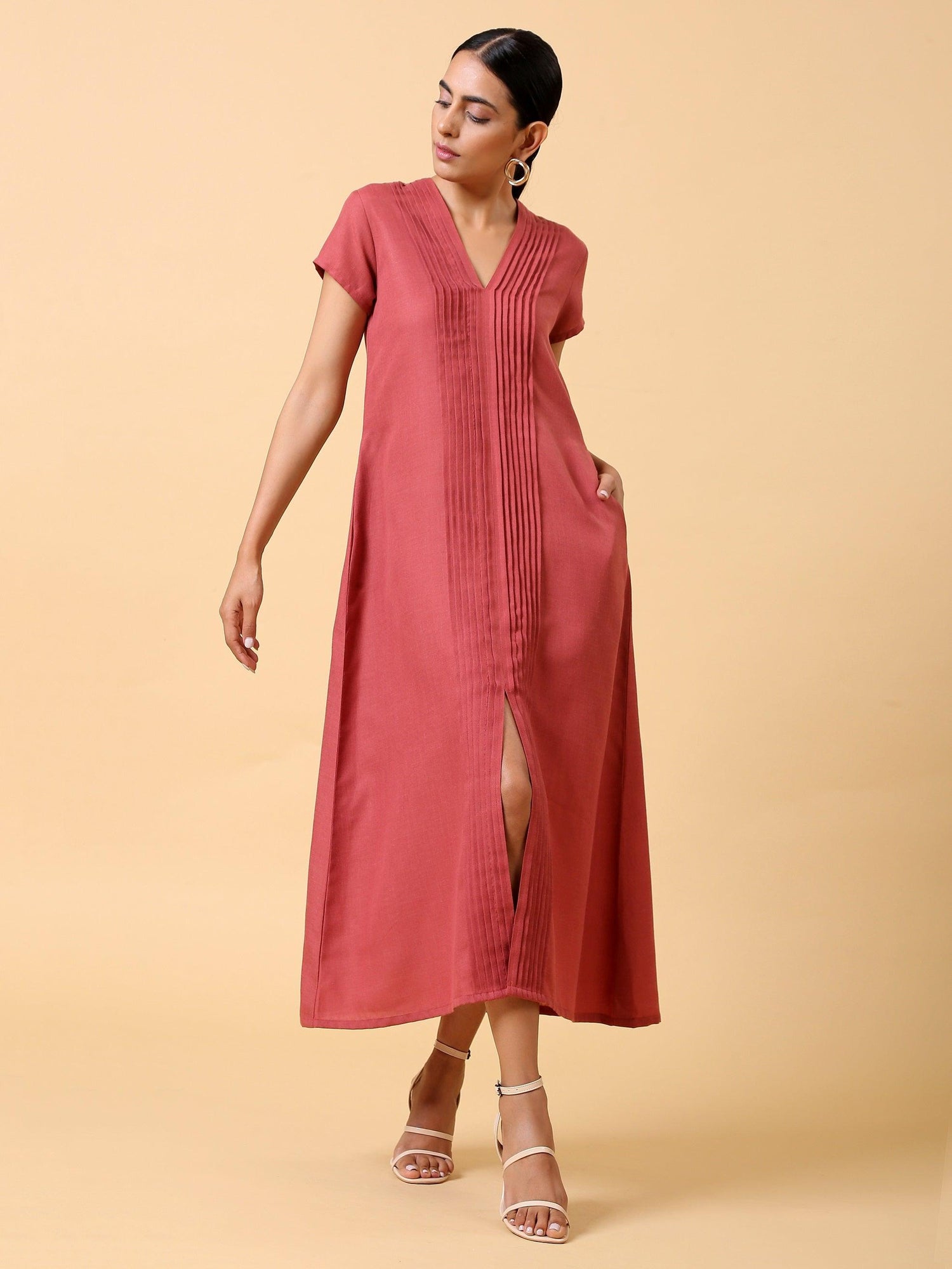 Cotton Linen Rust Red Pleated Dress - trueBrowns