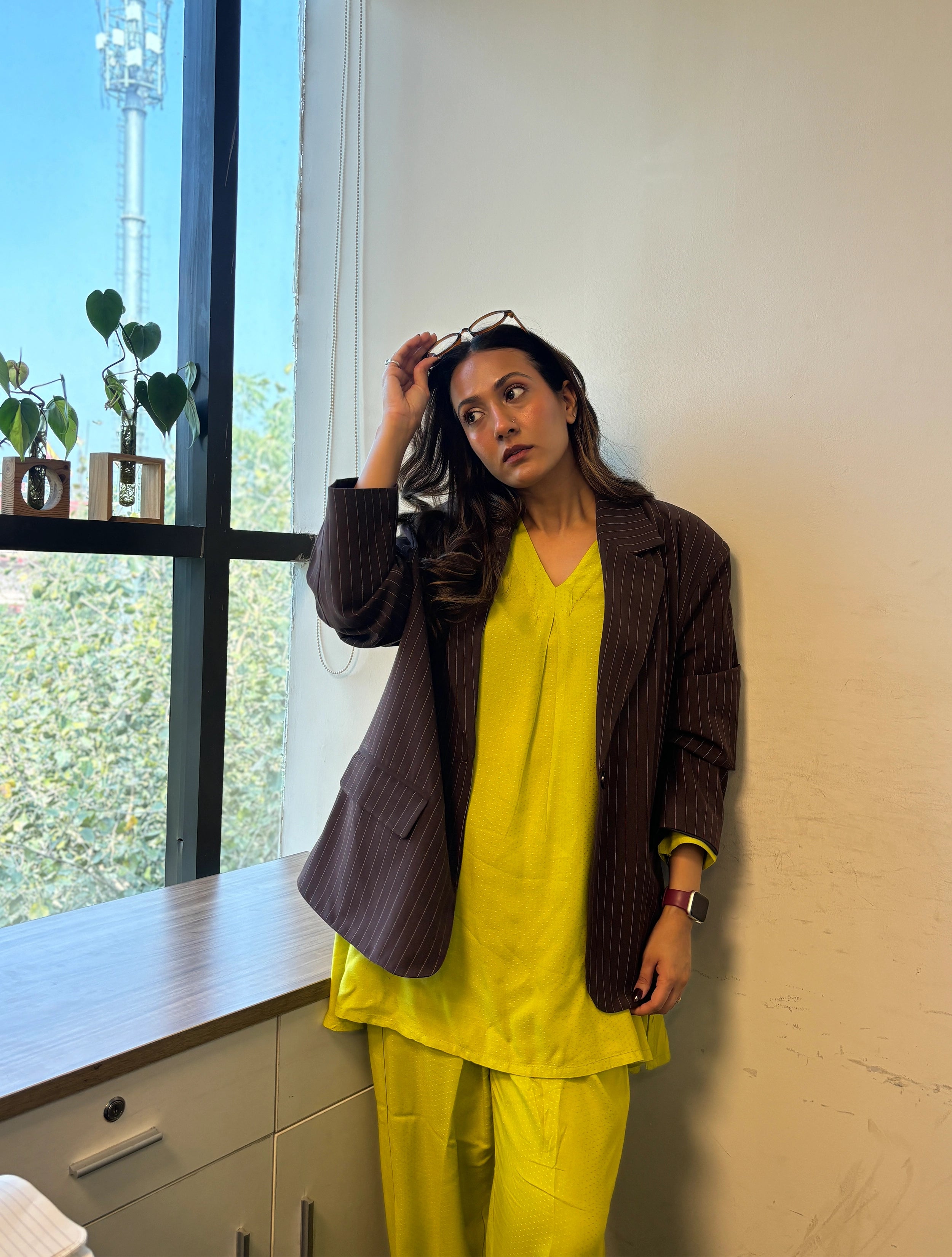 The Penelope - Lime Green Solid Textured Co-Ord Set