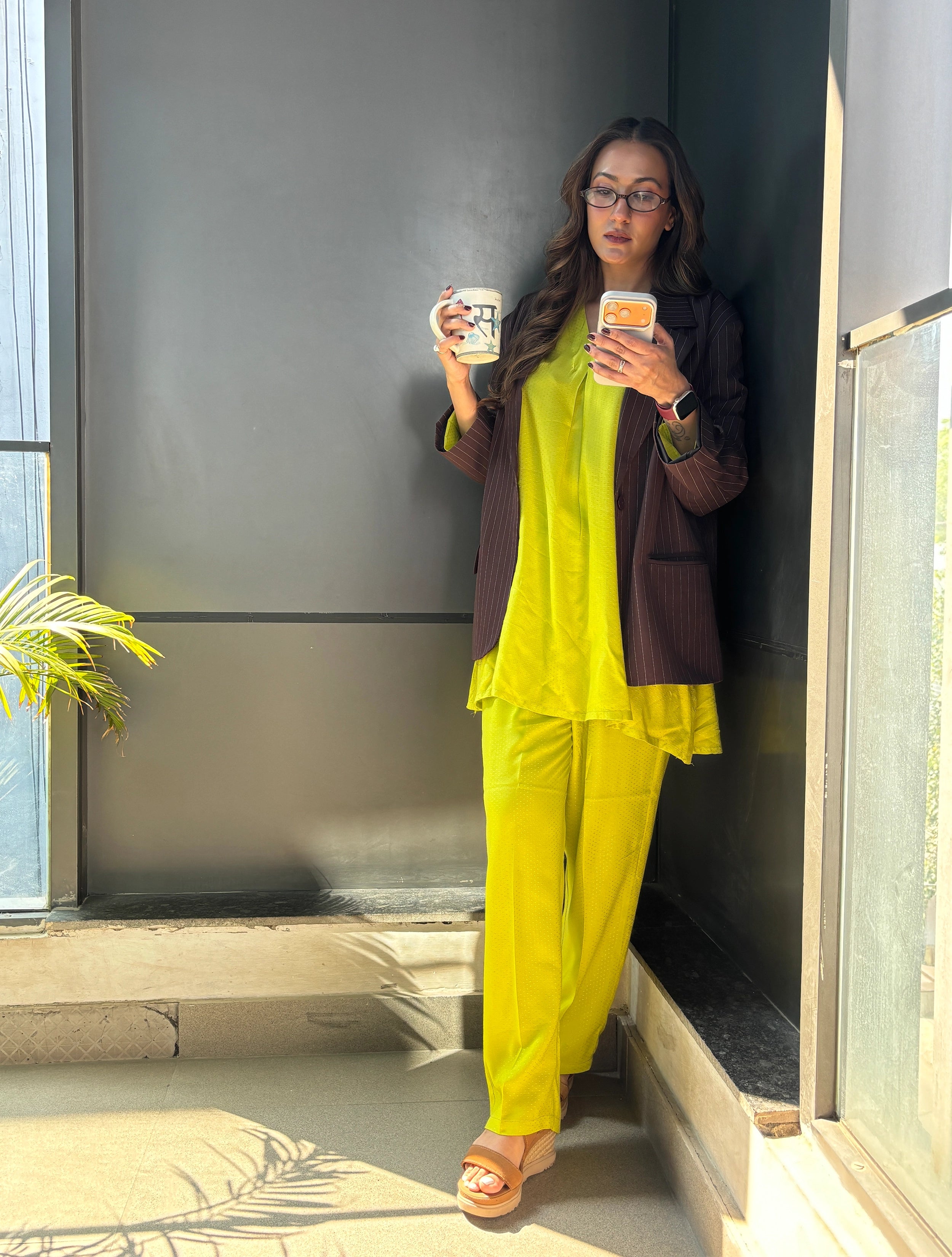 The Penelope - Lime Green Solid Textured Co-Ord Set