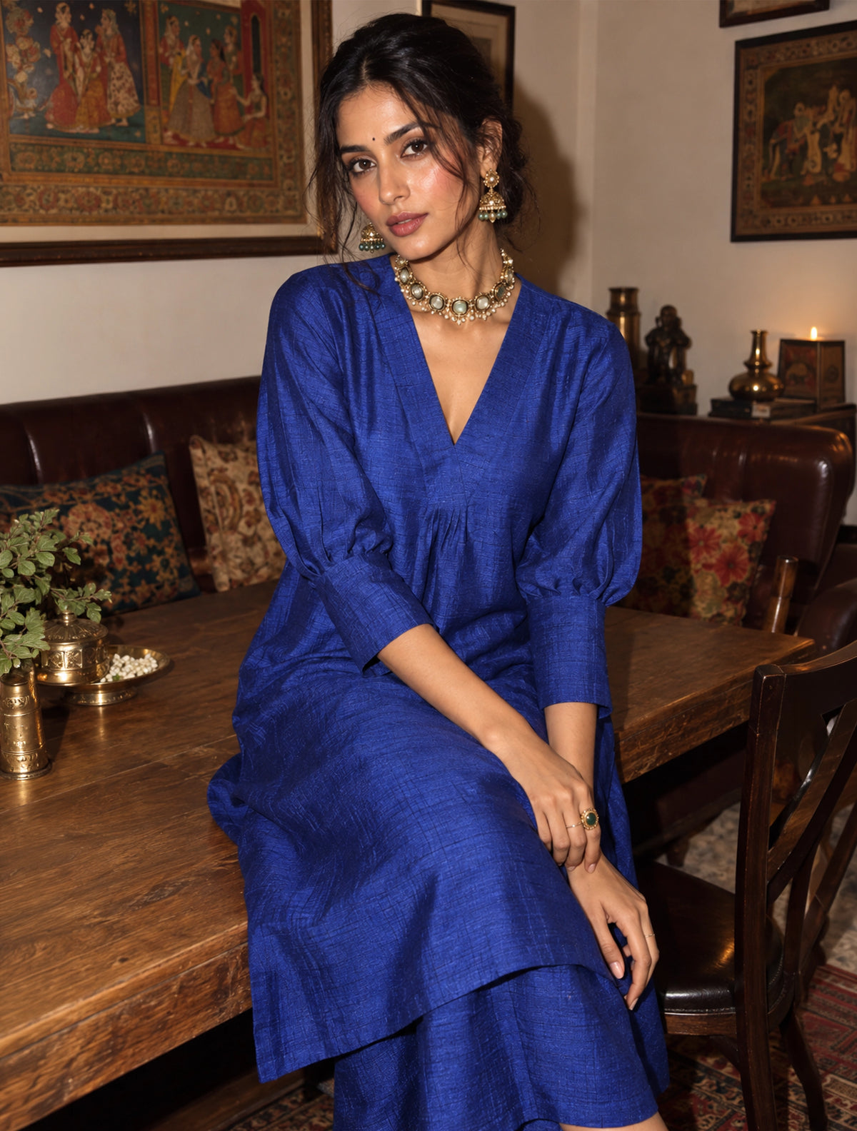 Blue Textured Silk Puff Sleeve Kurta Pant Set