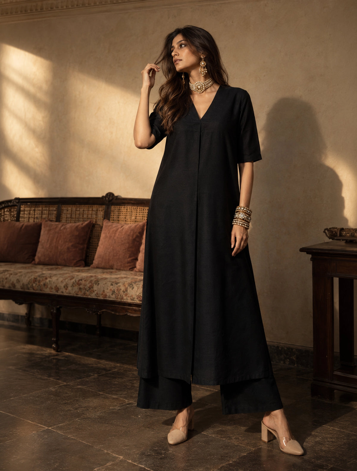 trueBrowns Black Muslin Silk Kurta Pant Set