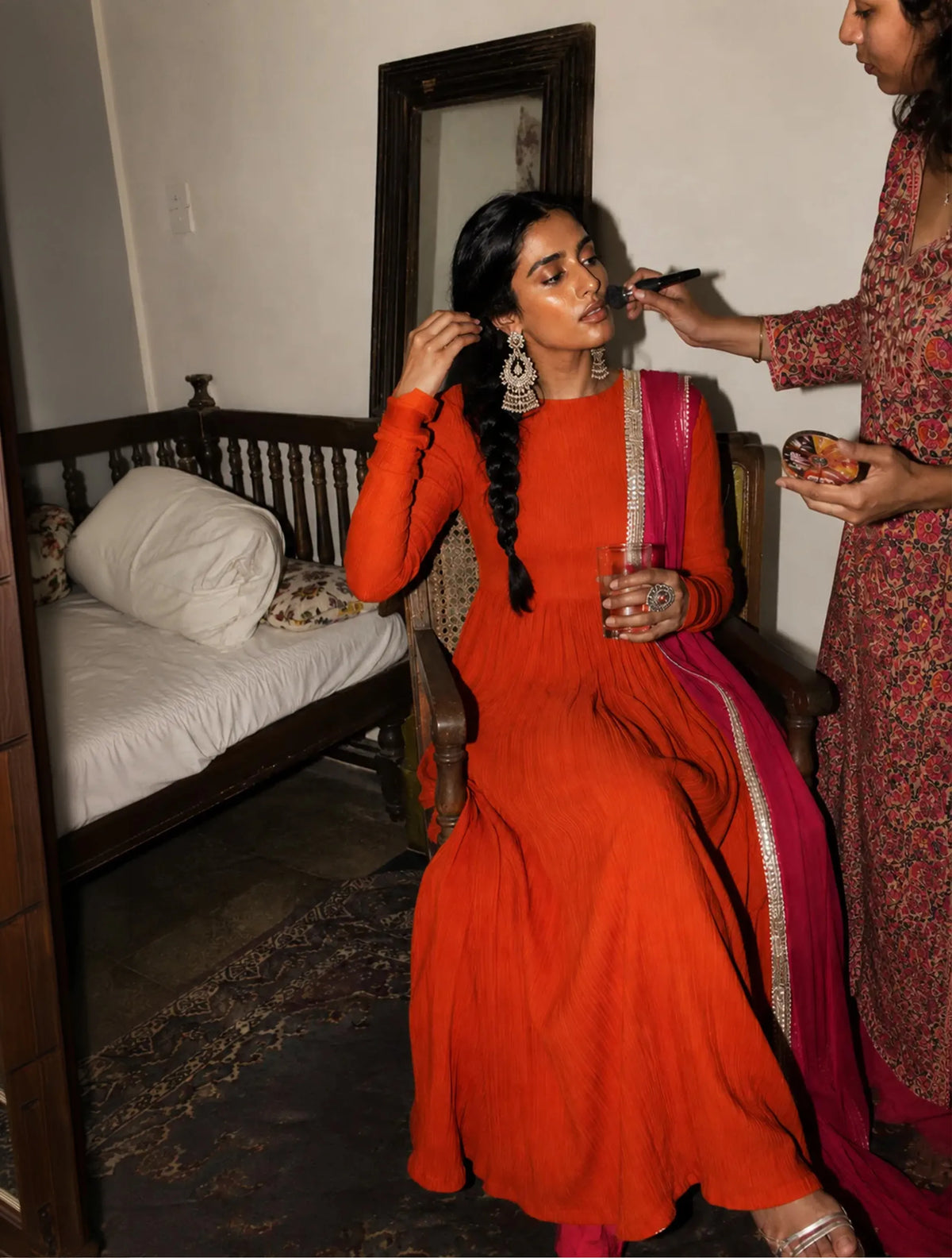 Orange Crinkle Anarkali Kurta Pant Dupatta Set