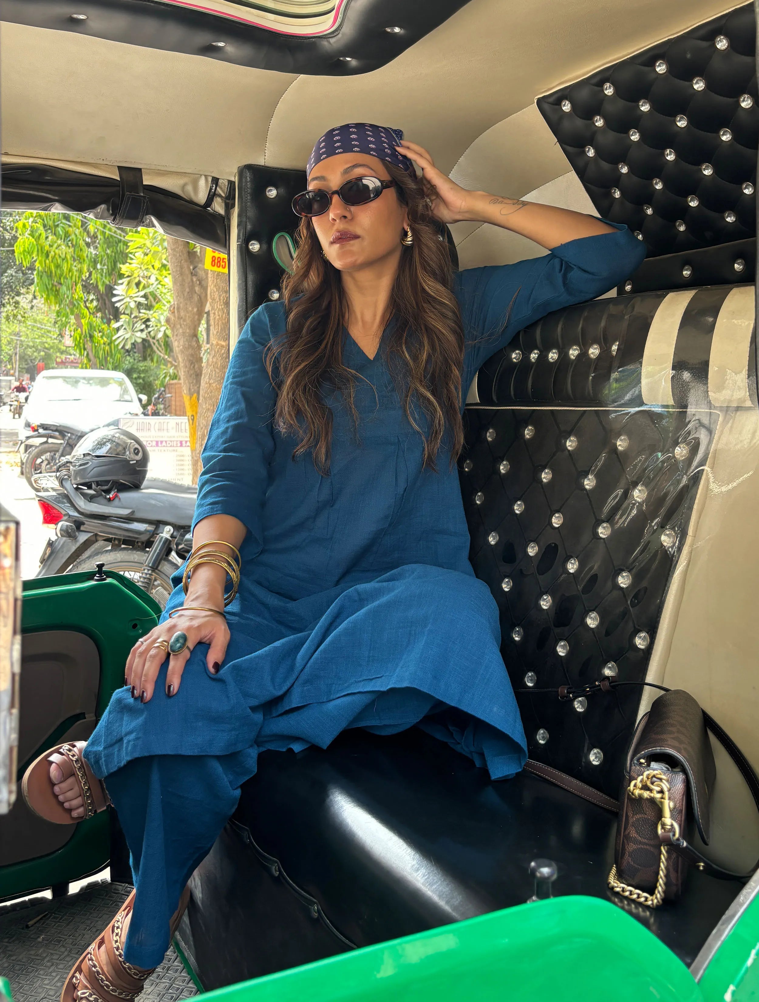 Classic Blue Slub Texture Overlap Pleat Kurta Pant Set