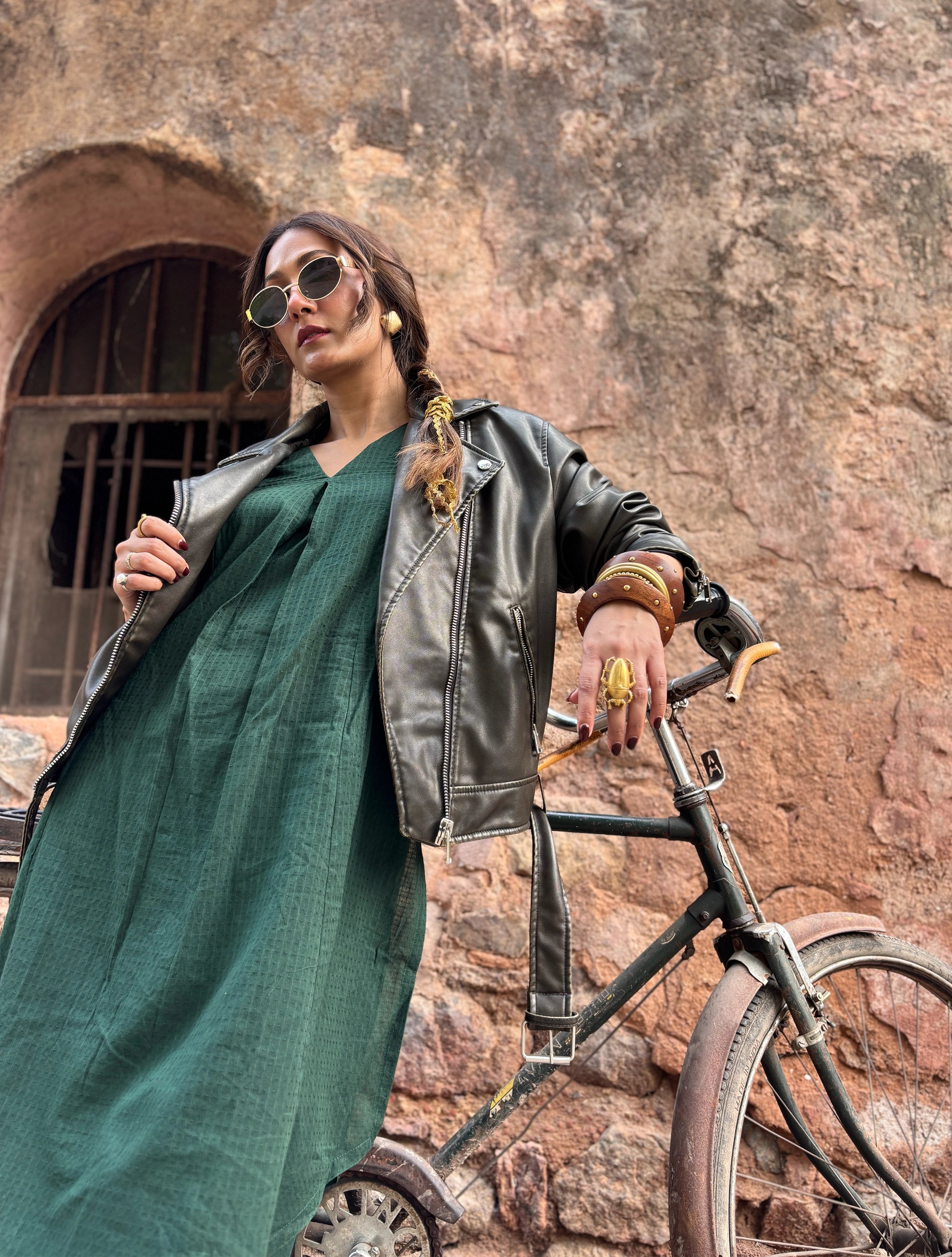 Dark Green Sleeveless Flared  Kurta Pant Set