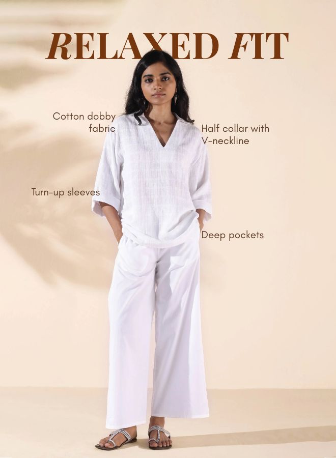 trueBrowns White Cotton Dobby V-Neck Co-ord Set