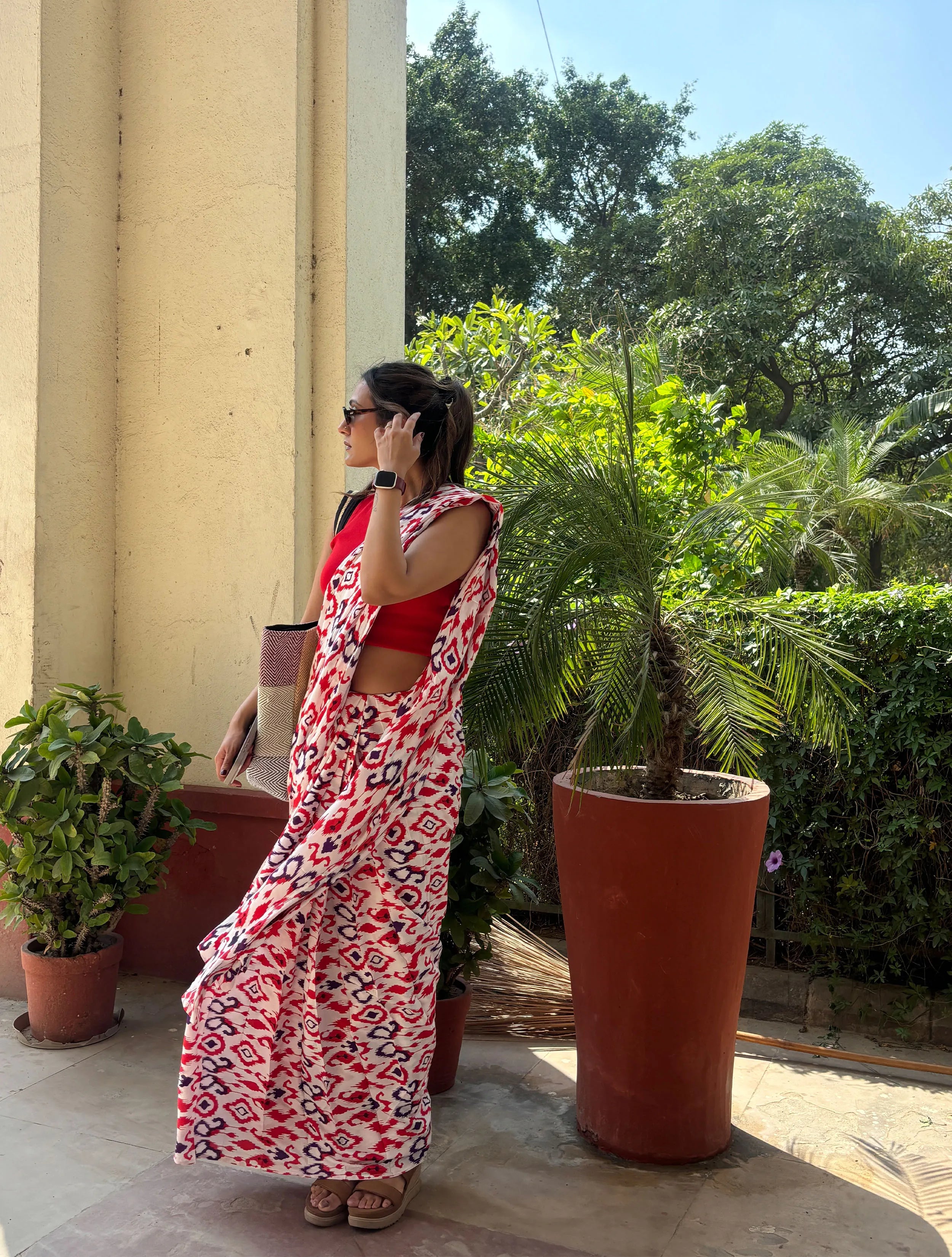 trueBrowns Carrot Muslin Ikat Saree