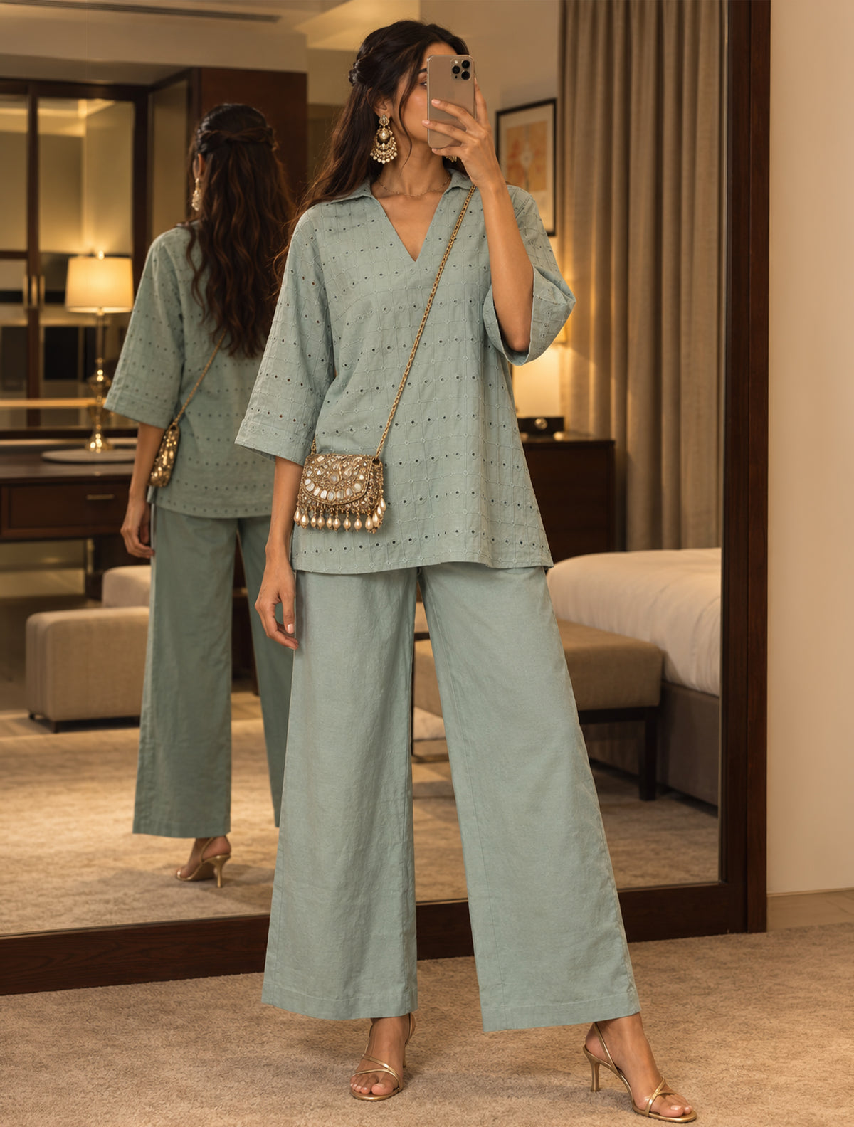 trueBrowns Blue Cotton Cutwork Embroidered Co-ord Set