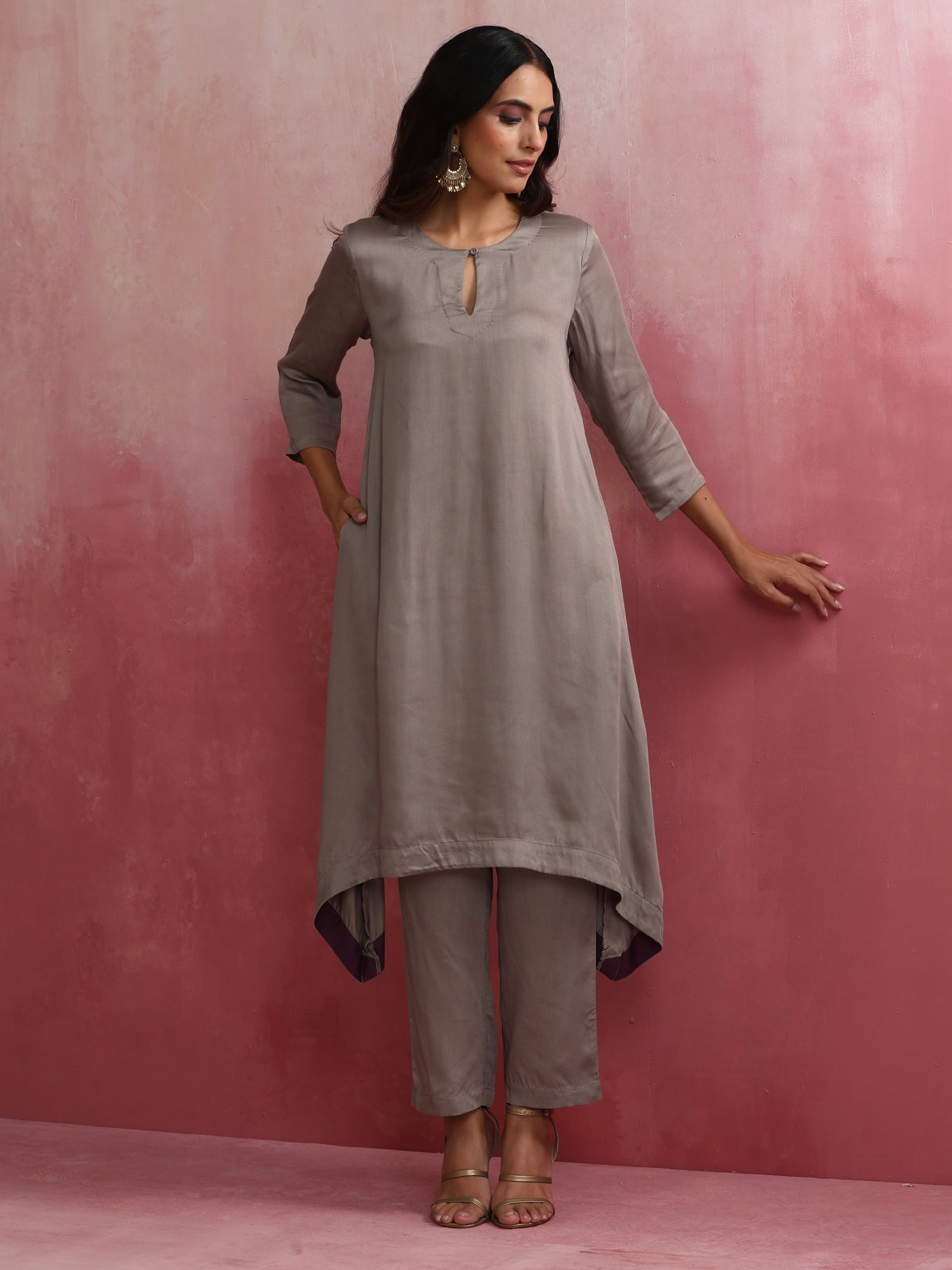 trueBrowns Grey High low Kurta Set