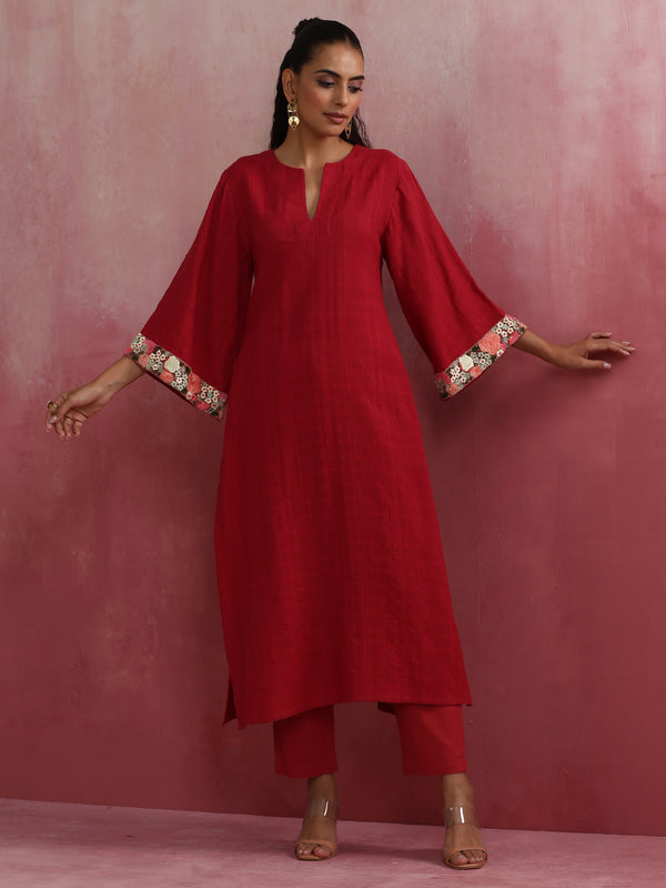 trueBrowns Red Straight Cotton Dobby Kurta Set