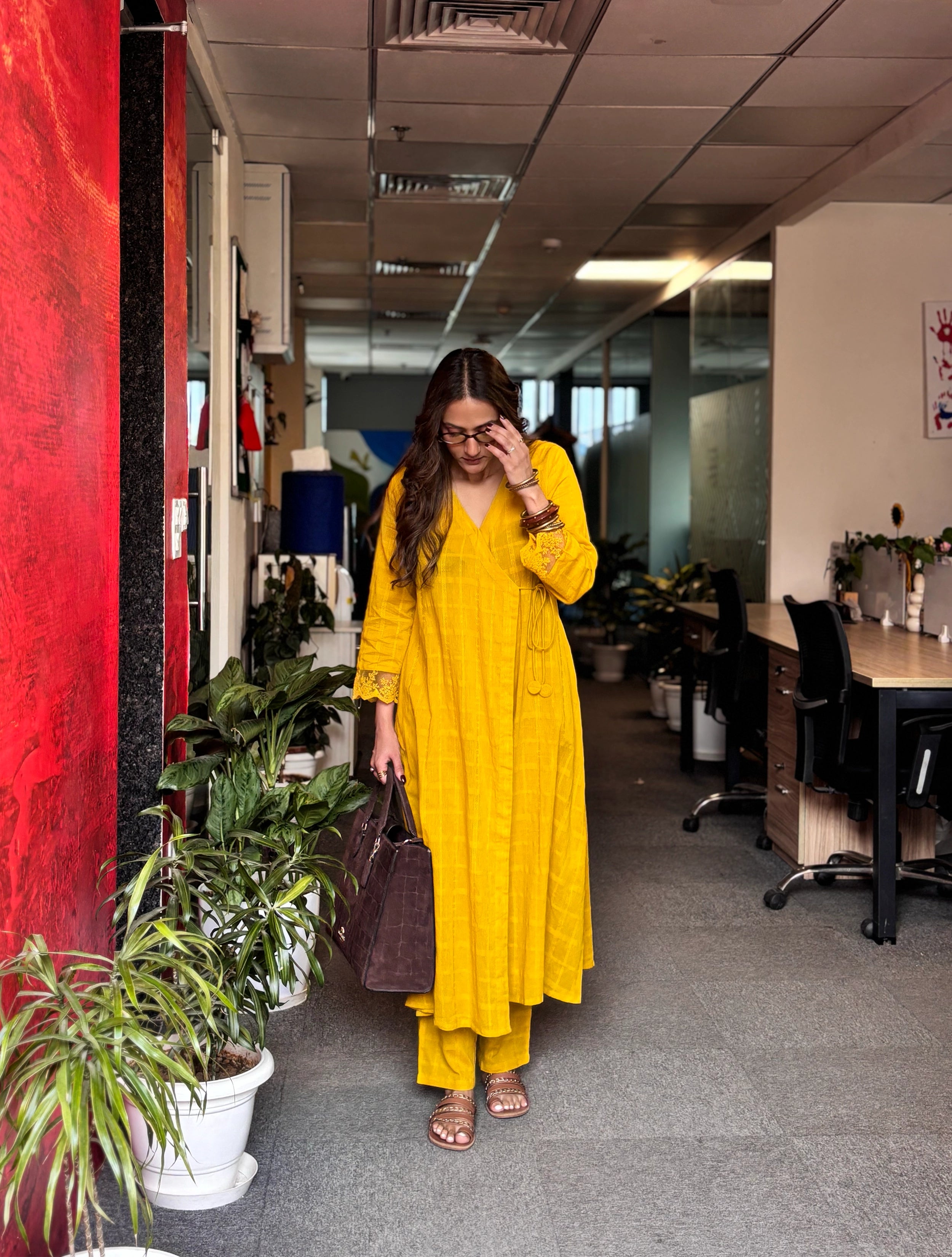trueBrowns Mustard Cotton Dobby Kurta Set