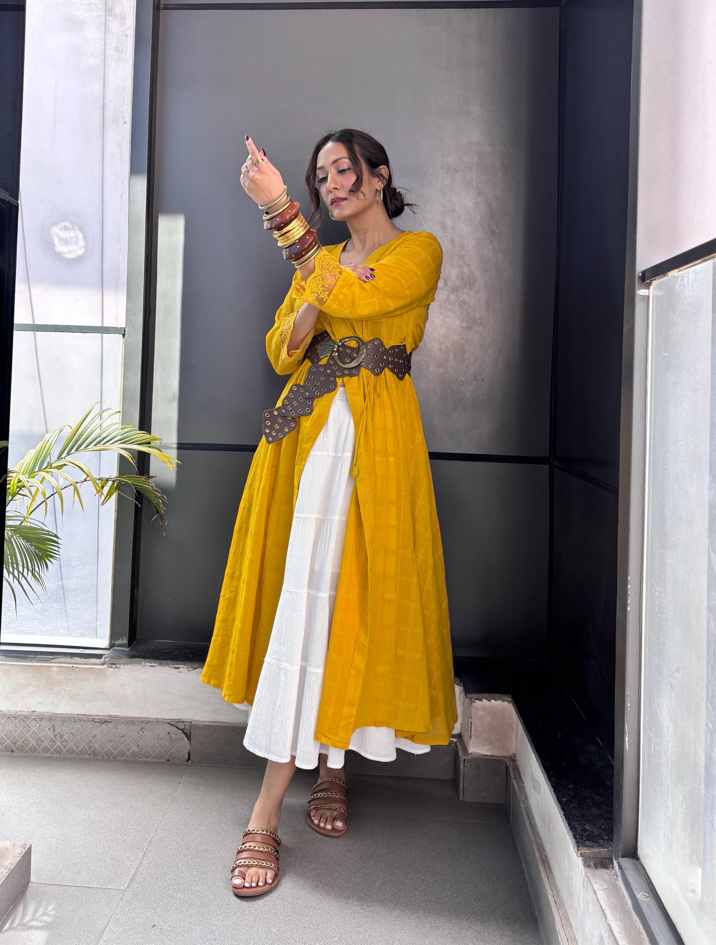 trueBrowns Mustard Cotton Dobby Kurta Set