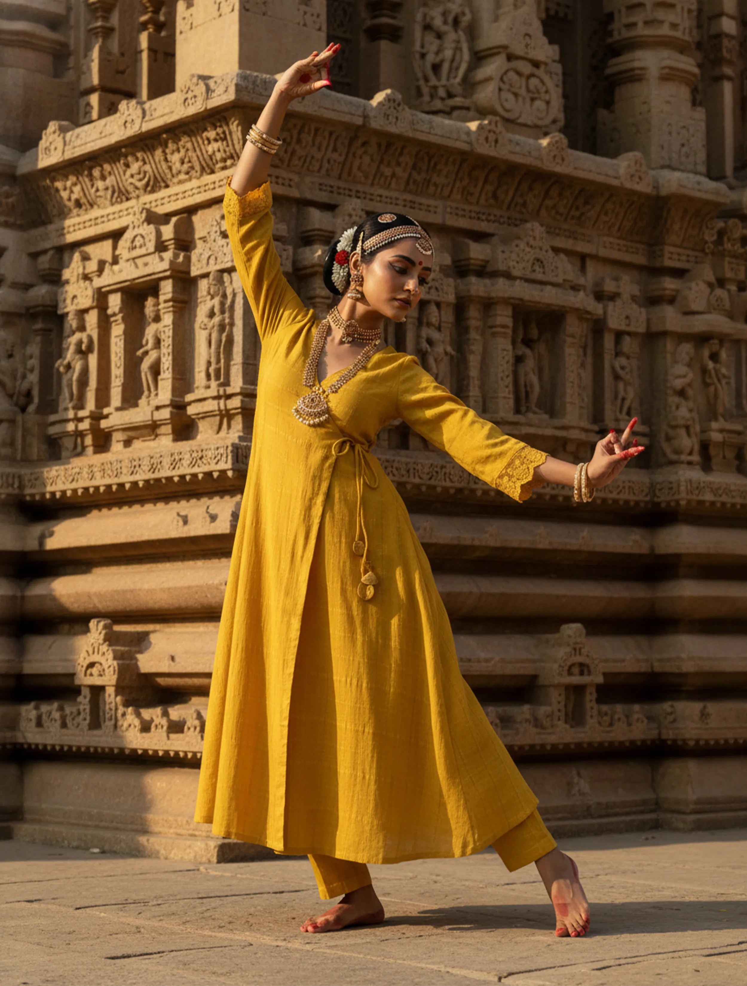 trueBrowns Mustard Cotton Dobby Kurta Set