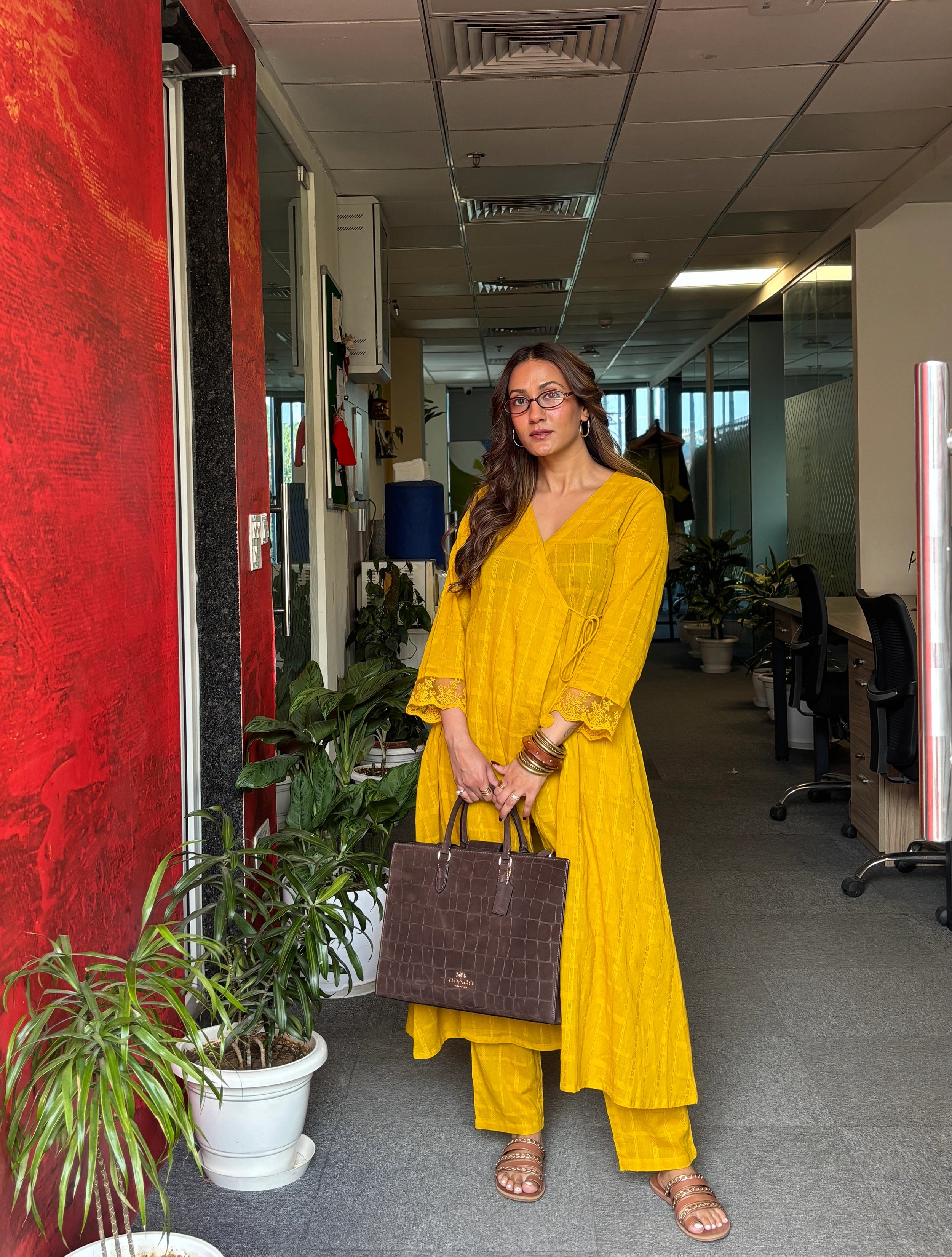 trueBrowns Mustard Cotton Dobby Kurta Set