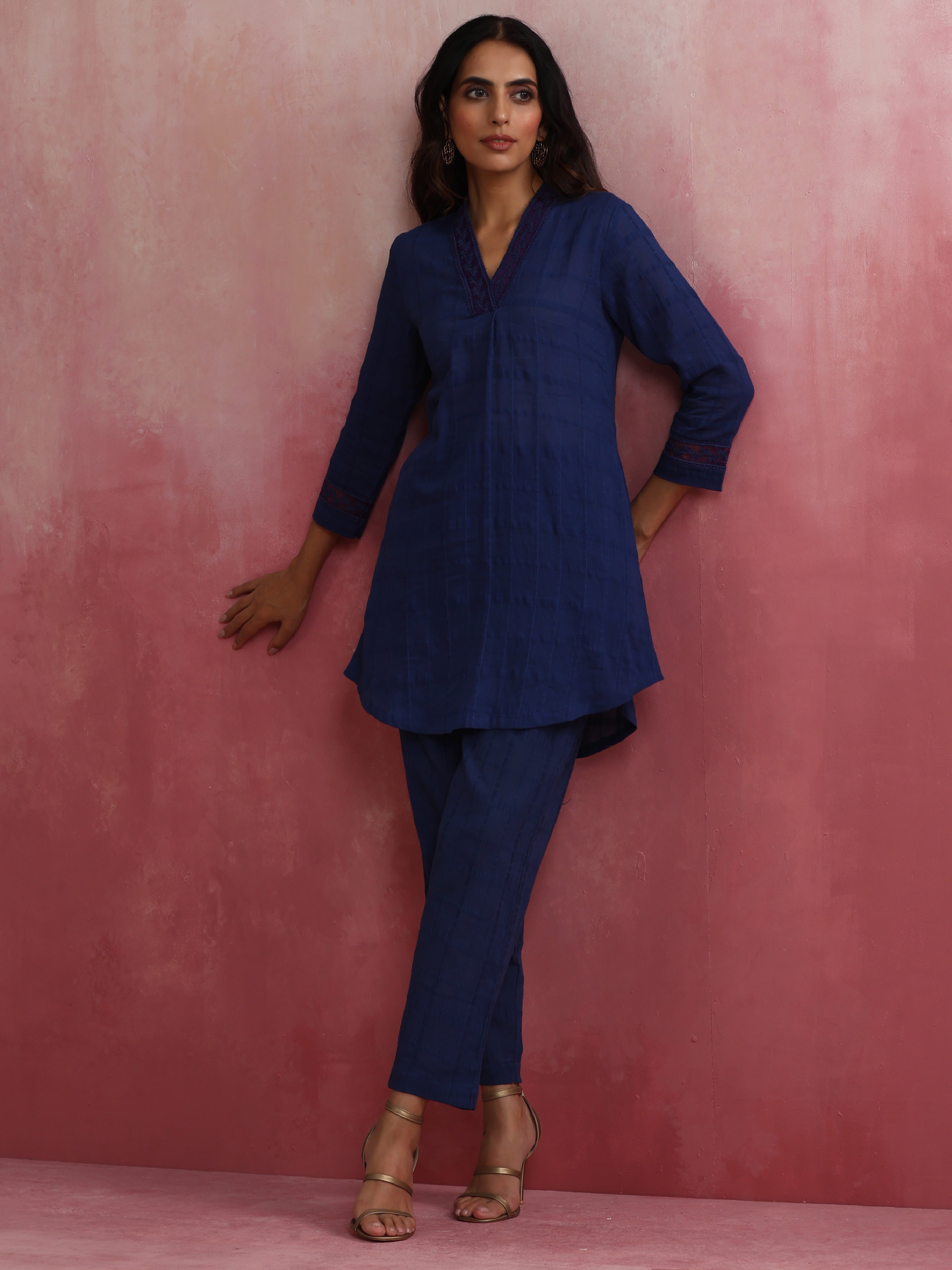 trueBrowns Dark Blue Cotton Dobby Co-ord set