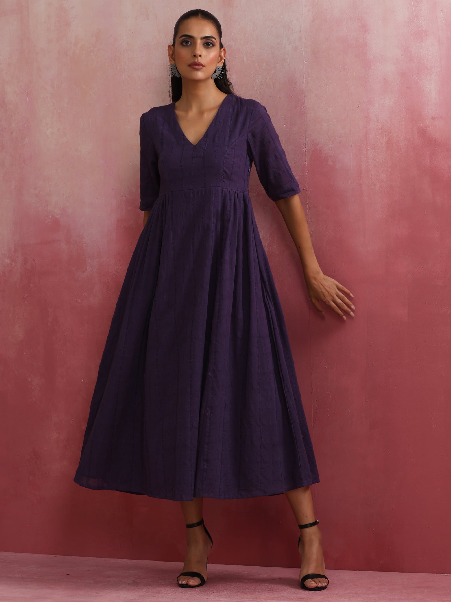 trueBrowns Purple Cotton Dobby Dress