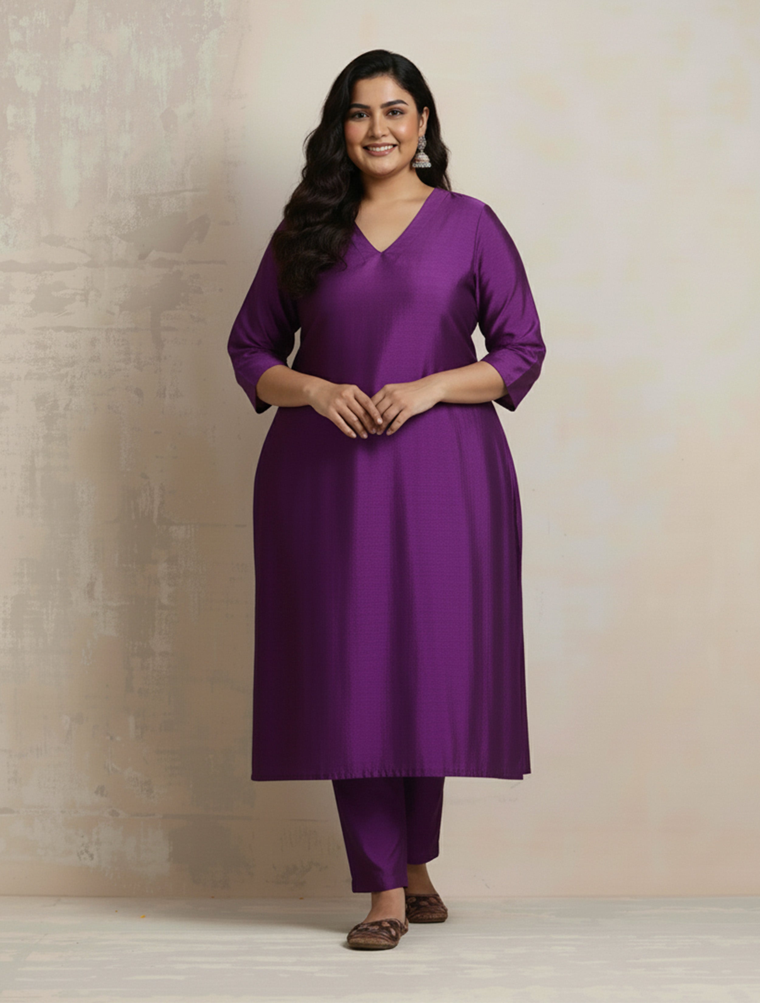 trueBrowns Purple Silk High Slit Kurta Set