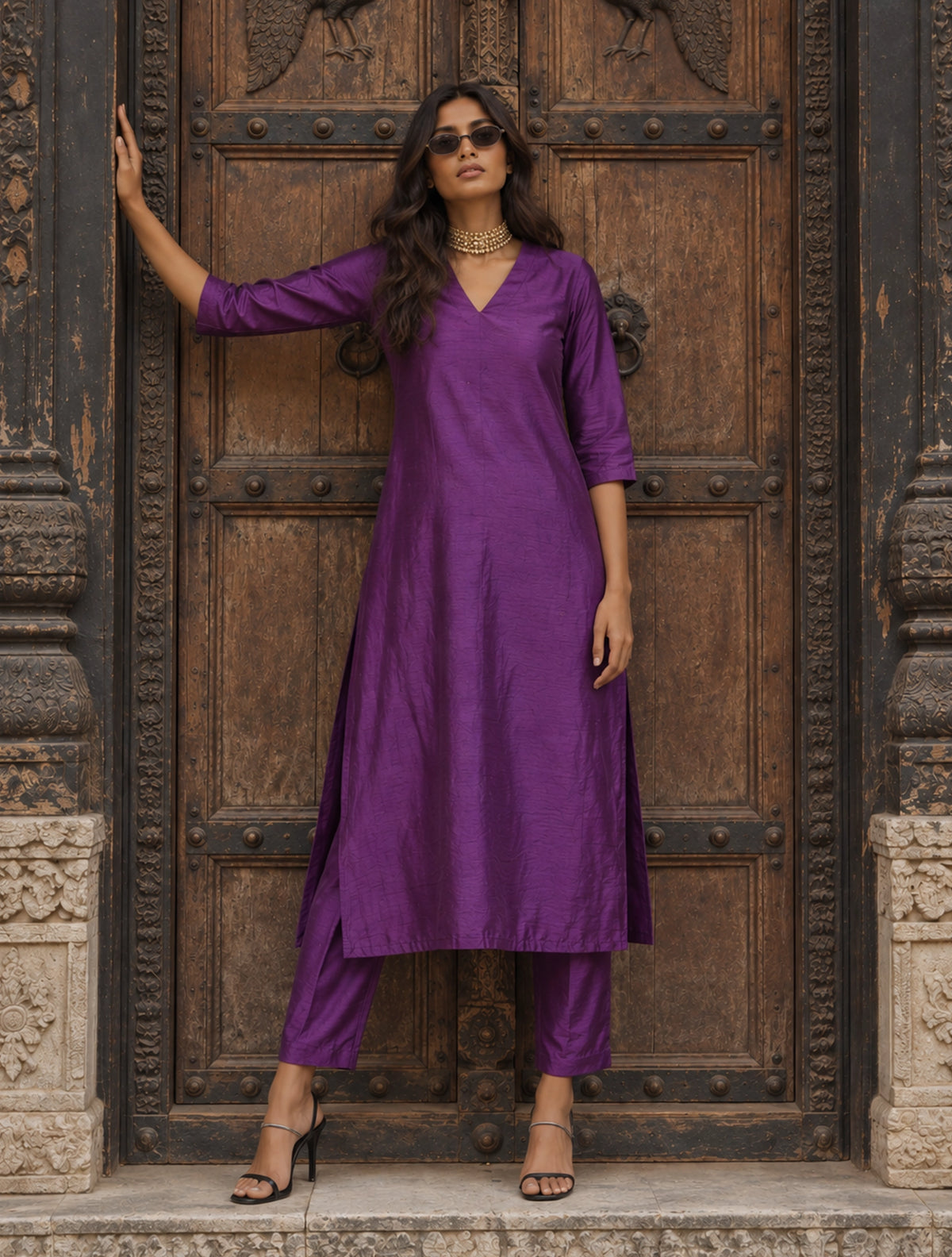 trueBrowns Purple Silk High Slit Kurta Set