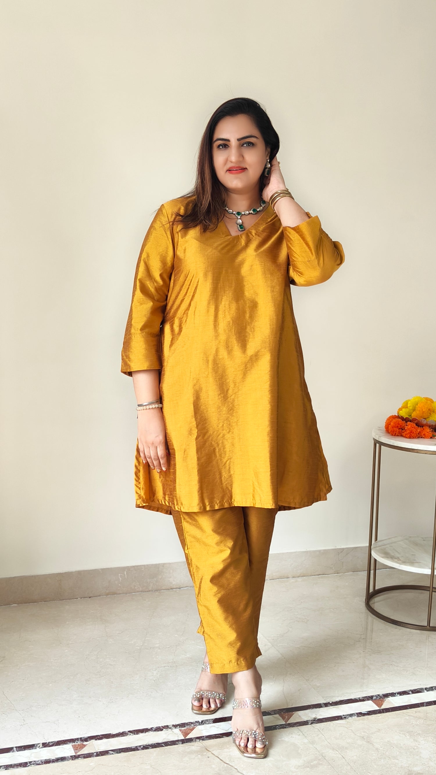 trueBrowns Gold Silk Kurta Co-ord Set