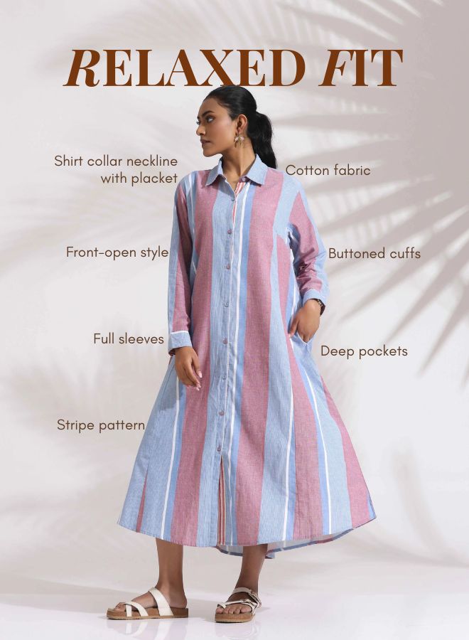 trueBrowns Blue Cotton Stripe Flared Shirt Dress
